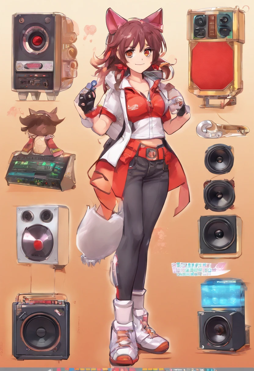 cartoon of a girl with a pair of speakers, guilty gear art style, fully robotic!! catgirl, nekomimi, badass pose, digital art from danganronpa, demonic atmosphere, cel - shaded art style, artistic render of reimu hakurei, anime style”, reimu hakurei, sonic oc, unknown artstyle