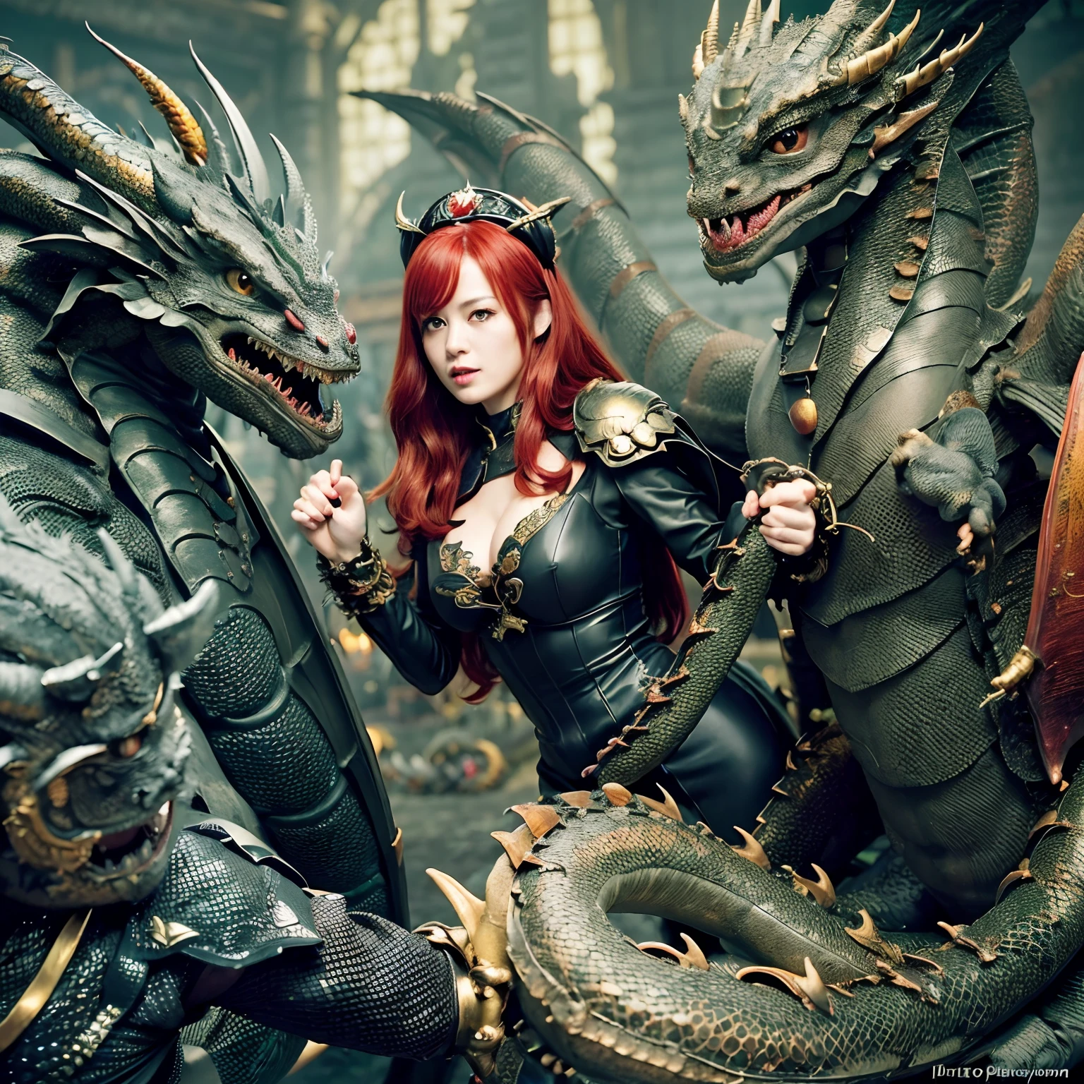 (The Ultimate Beauty Face), Professional , masterpiece、top-quality、photos realistic , depth of fields (Gemstone Black Metal Body:1.4),(Matte Black、(cleavage of the breast)、Dragon Gold Weapon,Mystical expression、Particles of light、((((Fight dragons)))、(Dragon Metal Body:1.4),Gorgeous Silver Weapons ,(( Dragon's dense and gorgeous sword)) , Beautiful knife ,warhammer 40k , adepta sororitas,Detail and gorgeous crown、((Red hair))、(Castle background)、、((Gangle's forest background))、Beautiful Caucasian beauty、1a person、dynamic ungle,(((Detailed and ornate Black Devil Crown)))、Smaller head、A smile、Castle background、Thin and beautiful female hands、cleavage of the breast、Soldier in iron armor on background、Mystical expression、Light Effects、intense fighting、Wind-effect、magic circles、With the legendary magic wand、(demonic wings)、