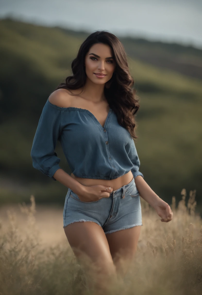 ((Best quality, 8k, Masterpiece :1.3)), 1girl, Beautiful woman with a slim stomach that accentuates :1.3, (black wavy hairstyle, Big breasts :1.2), Casual clothes :1.2, sexy summer clothes, In the room, very detailed face, detailed eyes, double eyelids, stunning smile, seductive pose