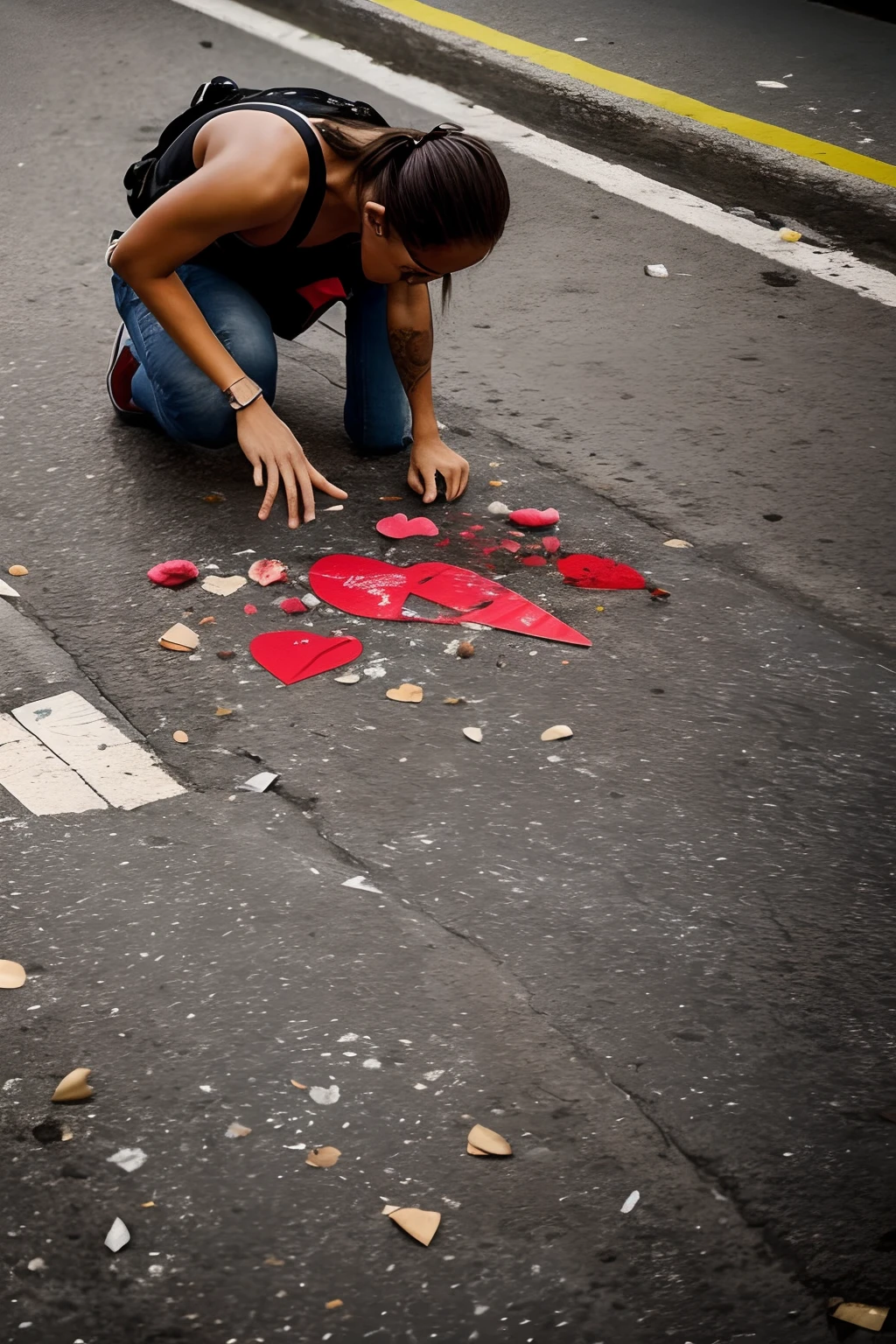 muros pinchados, flowers on the ground. Mulher brigando com um homem, broken hearts, guitar broken on the floor. Rua movimentada do Rio de Janeiro. blood on the ground.