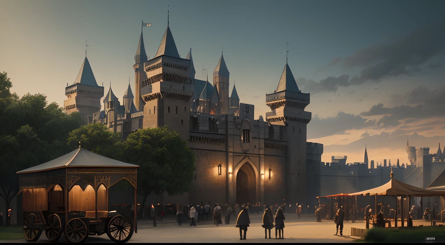 create an image outside medieval castle, from the year 1800, movie style, medieval, realistic with stalls outside, movie style, holyhood, cinematic epic, medieval style, sharp focus, Hyperrealism, detailed painting, character design, concept art, Paint, Blade Runner in 4K resolution ...