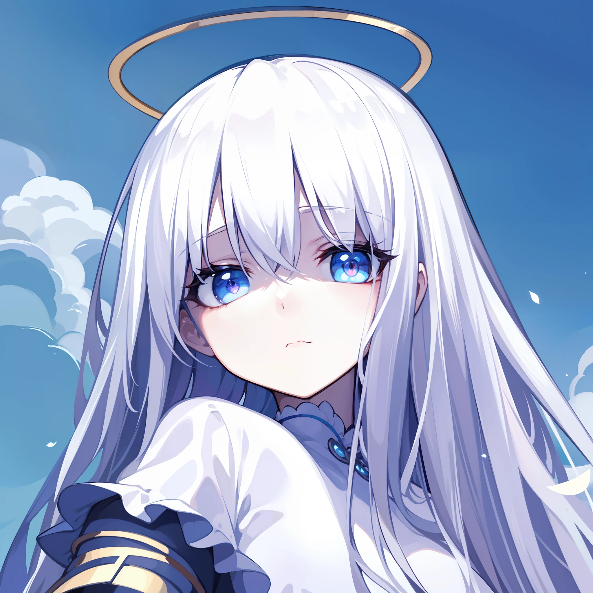 hiquality, tmasterpiece. the anime. (one girls). elongated face. A look of contempt. Angel. snow-white hair. white clothing. golden halo. Cyan eyes. Sullen face. Narrow mouth. Tired eyes. Against the background of the sky
