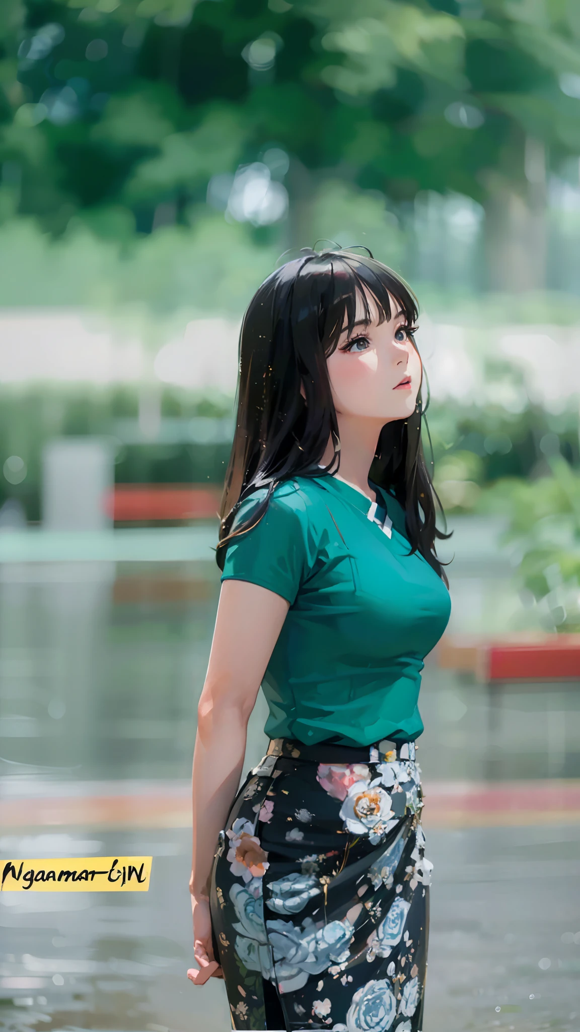 a close up of a woman standing in a park with a green shirt, a young asian woman, mai anh tran, in style of lam manh, an asian woman, vietnamese woman, young asian girl, young asian woman, nivanh chanthara, chinese girl, asian girl, dang my linh, asian woman, lovely woman, chinese woman