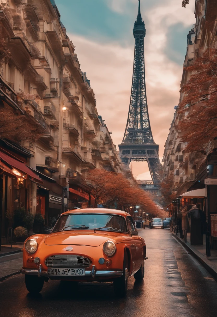 A car chasing a lot of money, Paris Tower in Tokyo aesthetic style