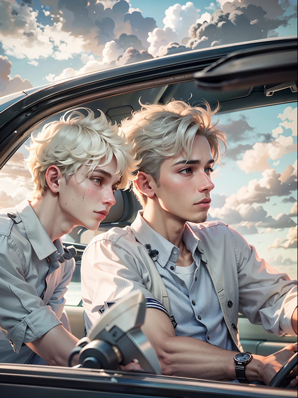2boys, only、(Man's :2) ,Handsome boy,silber hair、a blond、Cutter shirt、In the car、Clouds,Natural lighting、hightquality、masutepiece,8K,
