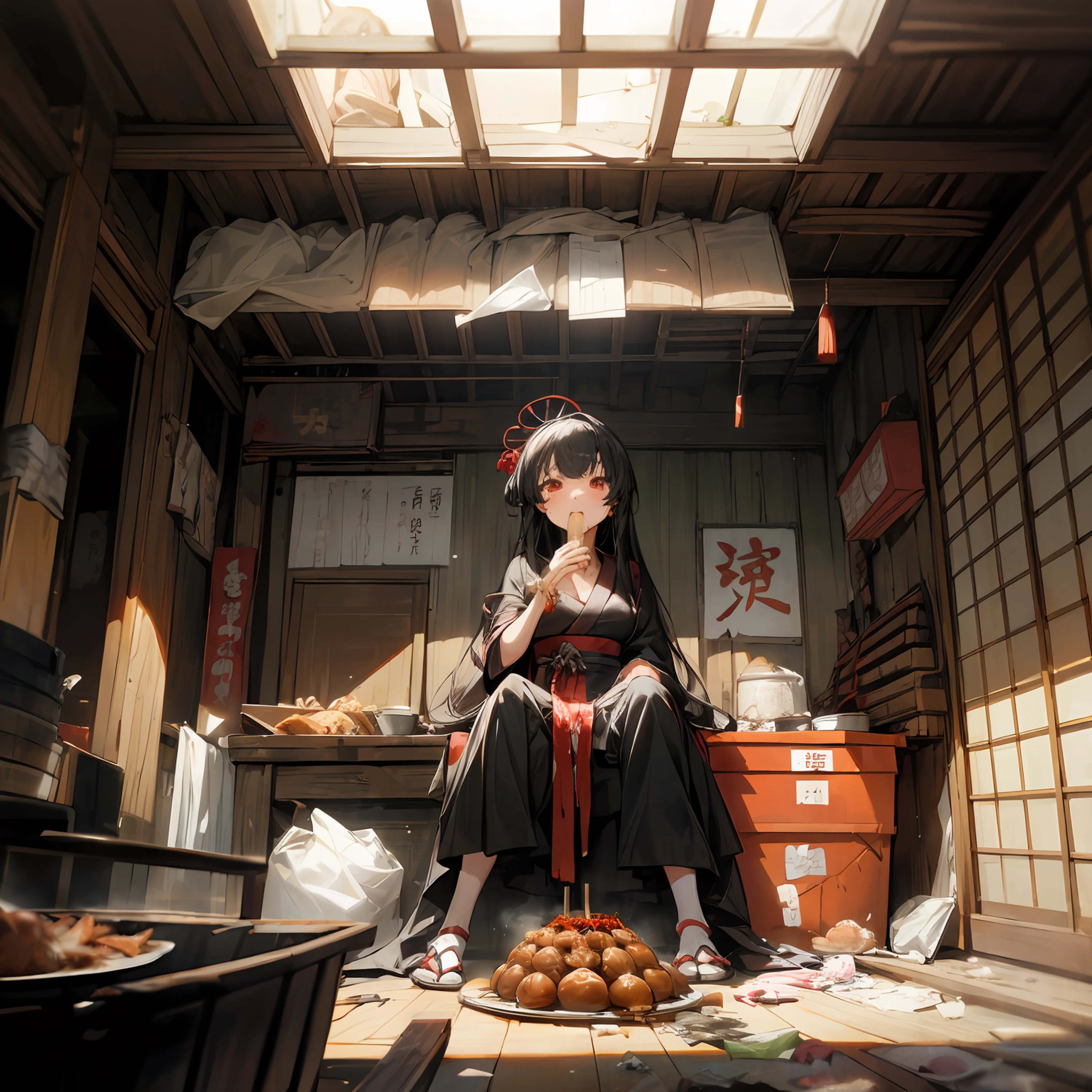 (masterpiece, best quality),(ceiling,trash,junk:1.3),(alley in Japan,casserole),1girl,eating,sit on the ground,messy,empty can,black hair,long hair,messy hair,red eyes,black clothes,crate,skewer,tokkuri,sukiyaki,oden,small breasts,ceiling
