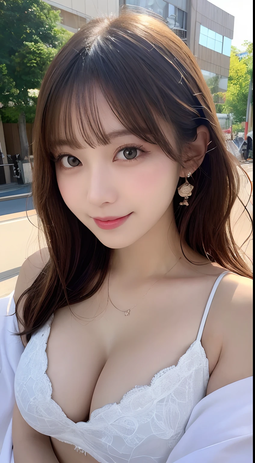masutepiece, Best Quality, Illustration, Ultra-detailed, finely detail, hight resolution, 8K Wallpaper, Perfect dynamic composition, Beautiful detailed eyes, Women's Fashion Summer,Medium Hair,Small breasts natural color lip, Bold sexy poses,Smile,Harajuku、20 years girl、Cute、Sexy shot looking at camera