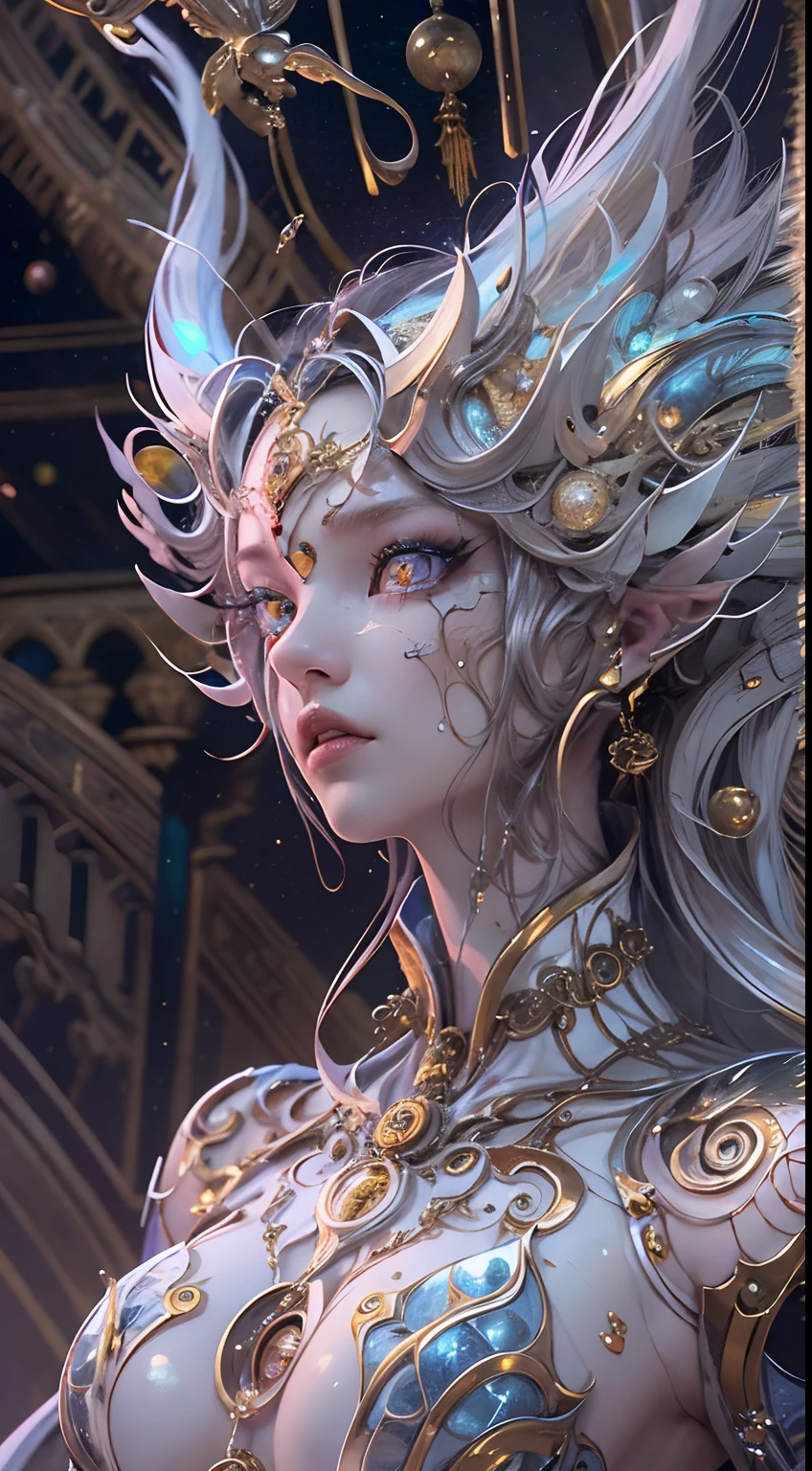 Full body like，（best qualtiy，ultra - detailed，Most Best Illustration，Best shadow，tmasterpiece，A high resolution，professionalartwork，famousartwork），Detailed eyes，beautidful eyes，closeup cleavage，sci-fy，colored sclera，Robot eyes，face markings，Tattooed with，（fractalized，Fractal eyes），largeeyes，Wide eyes，（Eye focus），sface focus，Cosmic eyes，Space eyes，Close-up of metal sculpture of a woman with a moon in her hair，goddes。extremly high detail，3 d goddess portrait，Extremely detailed footage of the goddess，a stunning portrait of a goddess，Side image of the goddess，portrait of a beautiful goddess，Full body close-up portrait of the goddess，hecate goddess，portrait of a norse moon goddess，goddess of space and time，(RAW photo:1.2)，camel-toe，Hollow-out on，sweat leggs，White liquid， Smooth pink skin, shiny metallic glossy skin, Shiny, 　spread their legs　M-shaped legs，angry look，sullenness，Irritated，white liquid all over body，Full body like