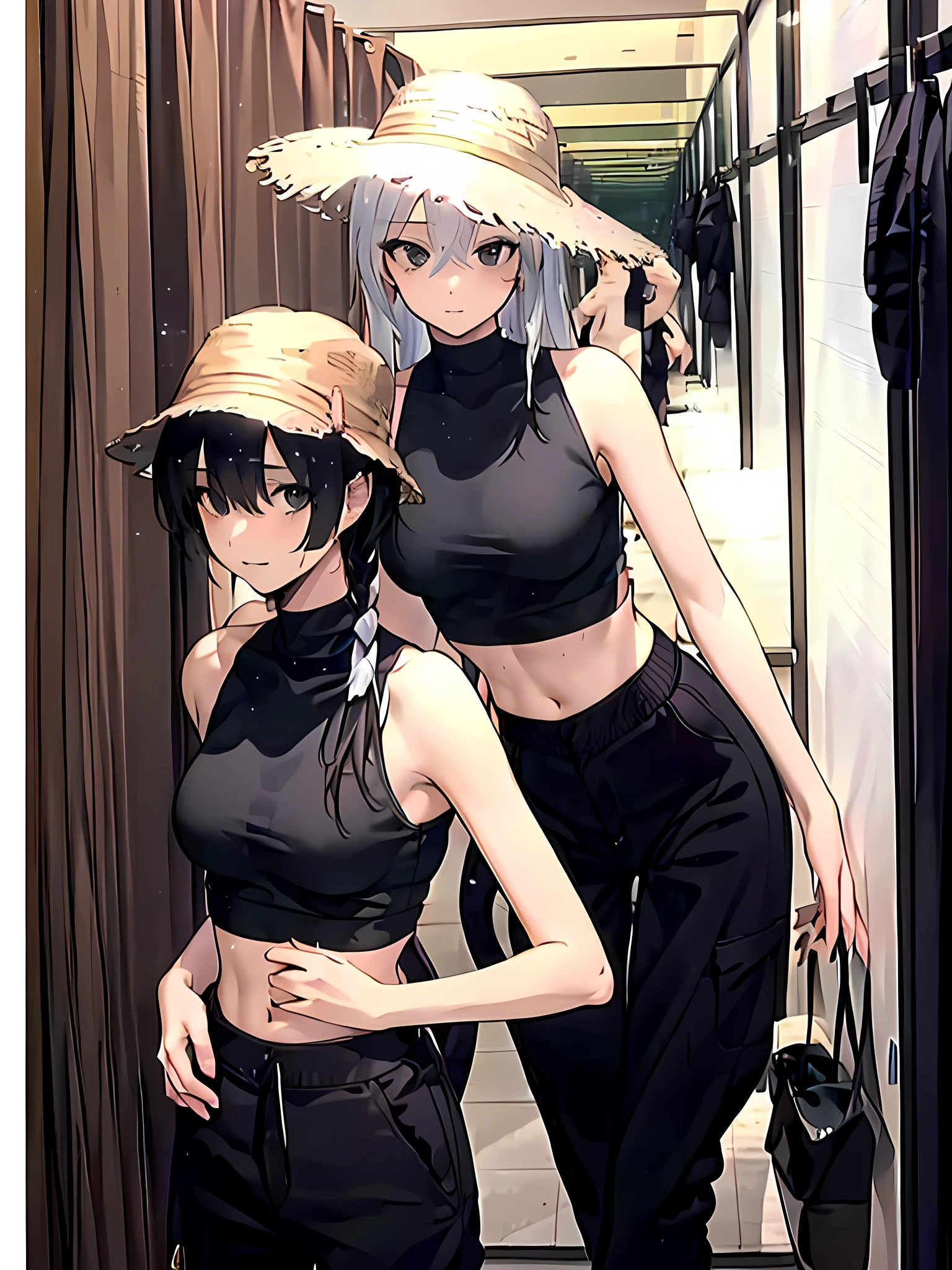 1girl, long white hair, black eyes, wearing plain white shirt, baggy black pants, bucket hat, winter background, absurdres, highres, ultrasharp, 8k, masterpiece, looking at viewer, sexy, alluring, erotic