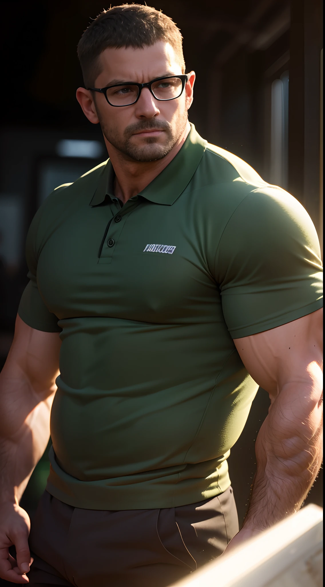 An award-winning original photo，A wild muscular man, (40 years old daddy:1.1), 1boy, Solo, (green poloshirt), (black trouser), (big shoulders), musculature, stubbles, Short beard, Beautiful eyes:1.3, ), (Detailed face:1.3), wearing glasses, Dynamic Angle, volumetric lighting, (Best quality, A high resolution, Photorealistic), Cinematic lighting, Masterpiece, RAW photo, Intricate details, hdr, depth of field, upper body shot