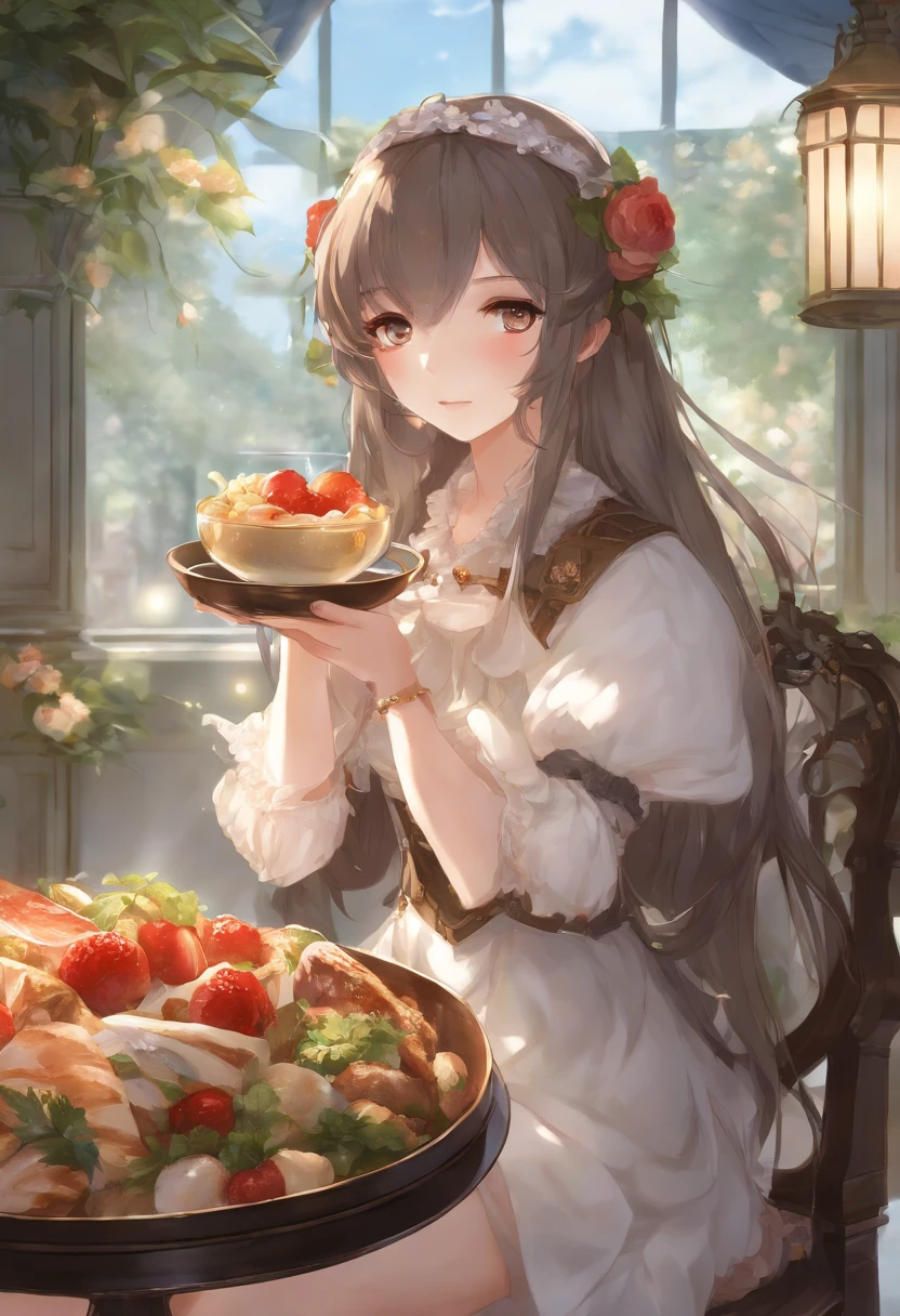 Anime Girl sitting on a chair with a bowl of food in her hand, fille alchimiste, Pochette de light novel, Art officiel, Epic light novel art cover, official artwork, Epic light novel cover, , Isekai, petit Loliueux, Cushart Krenz, Cushart, cushart krenz key art feminine, Style Shadowverse, Moe