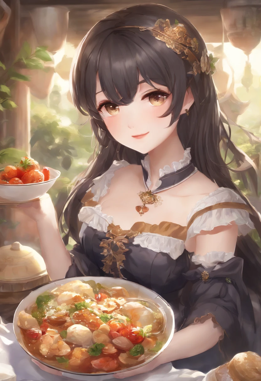 Tavern dancer, wide hips, thick thighs, slim, fit and toned, medium breast, revealing dress, harem dancer, pelvic veil, string panty, huge cleavage, string bra, jewelry, long black hair, 2 twin tail, straight hair, brown eyes, naughty face, seductive smirk, 2 twin tails hairstyle/ pigtail hairstyle, solo, 1girl