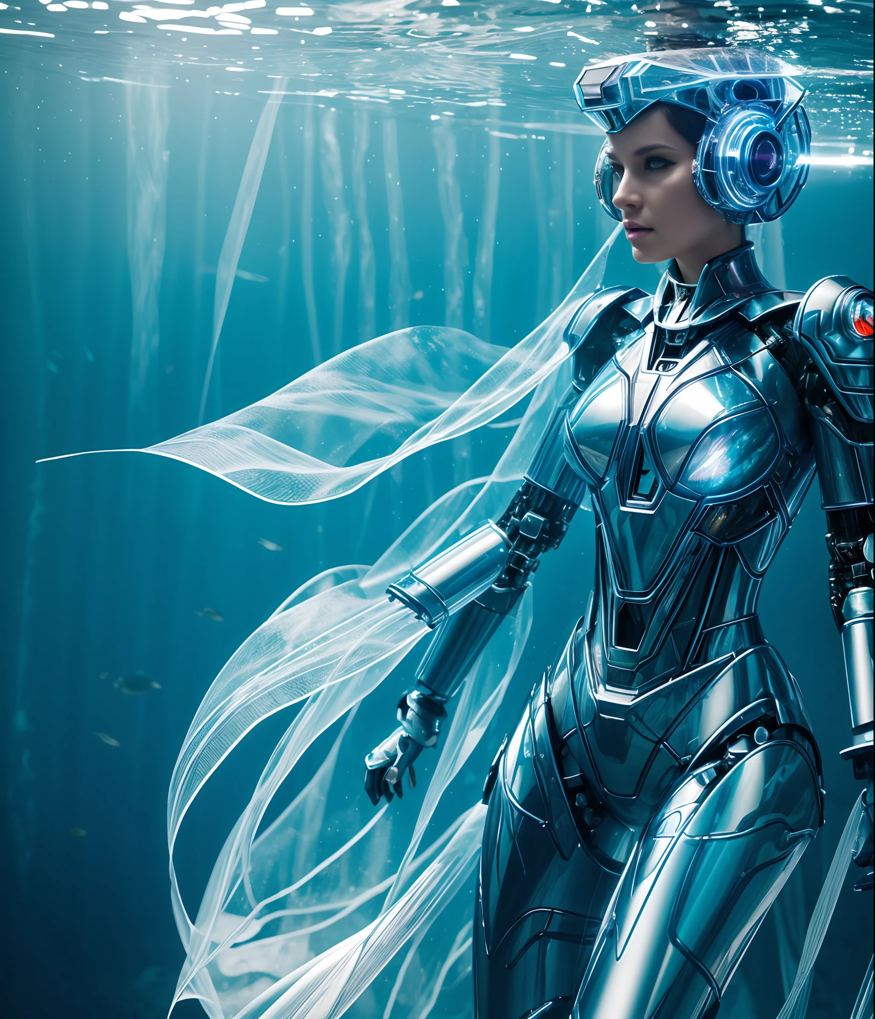 Translucent robot queen of the sea, Cybernetic fashion, Bolhas, Veias, Fritz longo 2057, HD Fotorrealista, Estilo RAW, light angle view, corpo inteiro