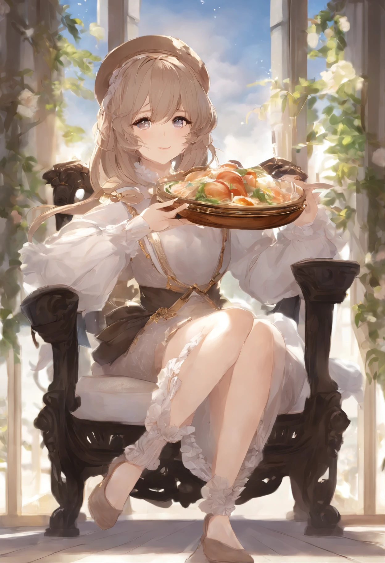 Anime Girl sitting on a chair with a bowl of food in her hand, fille alchimiste, Pochette de light novel, Art officiel, Epic light novel art cover, official artwork, Epic light novel cover, , Isekai, petit Loliueux, Cushart Krenz, Cushart, cushart krenz key art feminine, Style Shadowverse, Moe