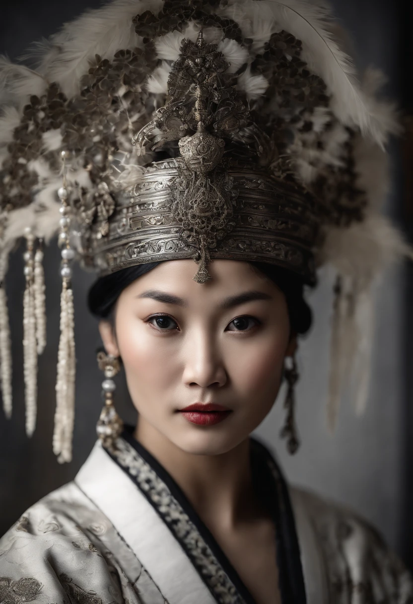 Face of Details。Masterpiece。realistic。A lot of black feathers on the head。Black and white kimono