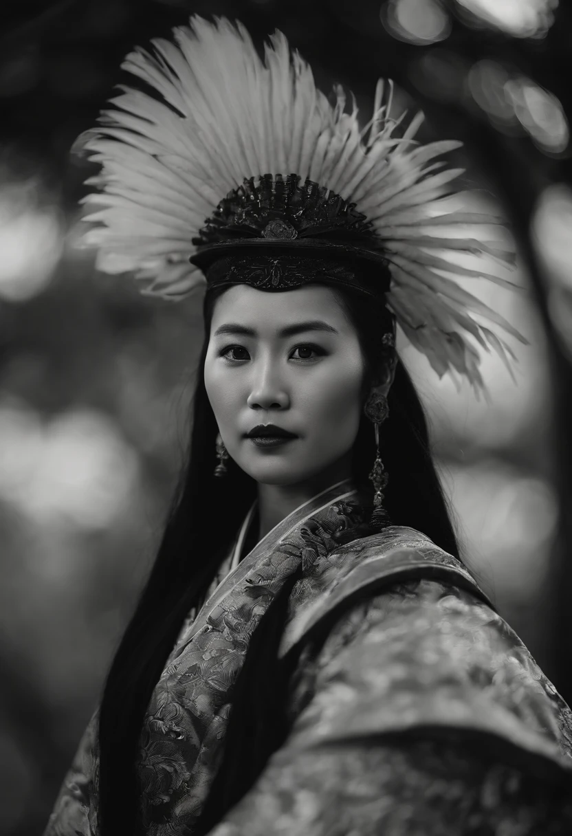 Face of Details。Masterpiece。realistic。A lot of black feathers on the head。Black and white kimono