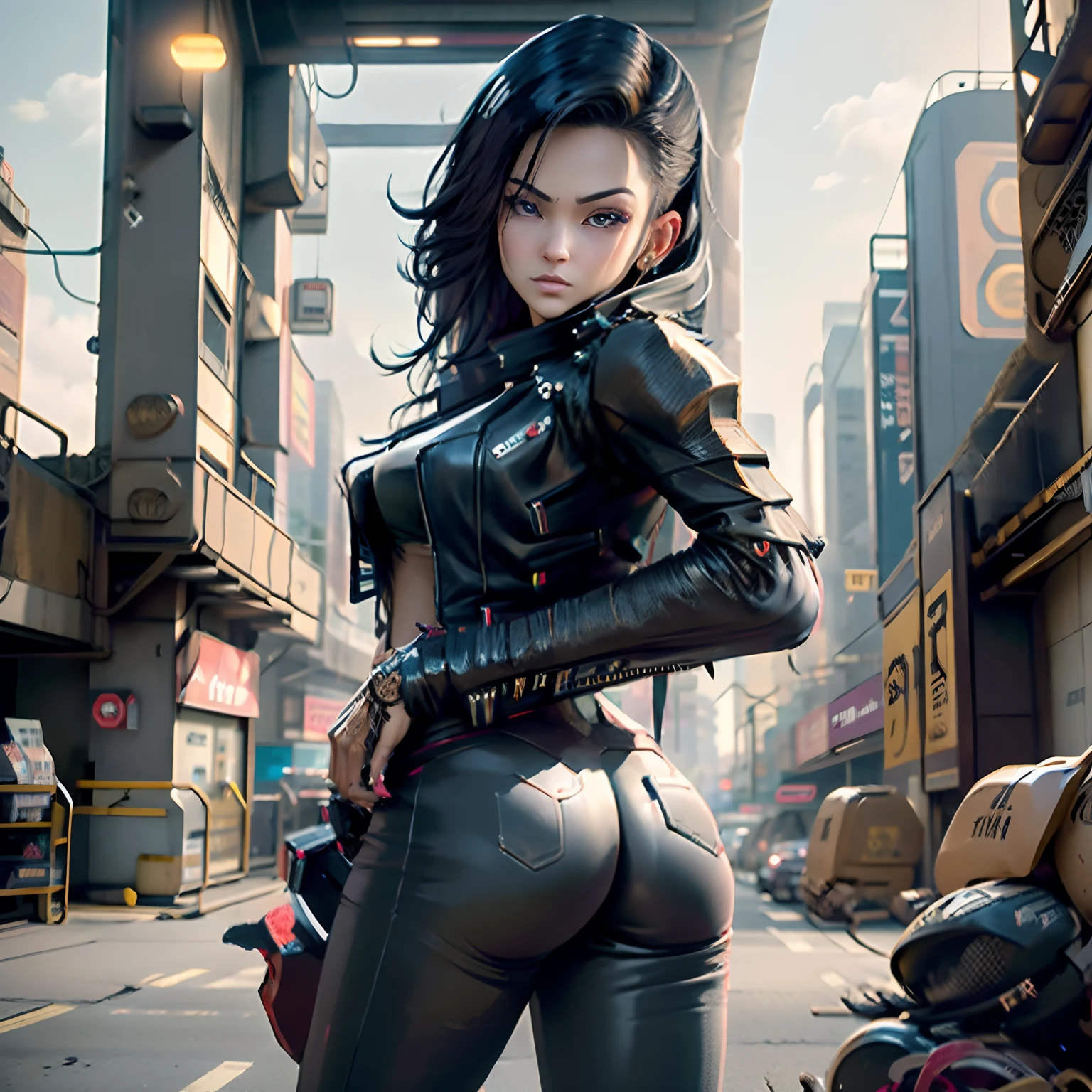 araffe woman in a leather jacket and jeans posing for a picture, cyberpunk art by Jason Chan, trending on Artstation, digital art, cyberpunk 2 0 y. o model girl, seductive tifa lockhart portrait, tifa lockhart, cyberpunk angry gorgeous goddess, beautiful cyberpunk woman model, tifa, cyberpunk beautiful girl, beautiful digital artwork, female cyberpunk anime girl
