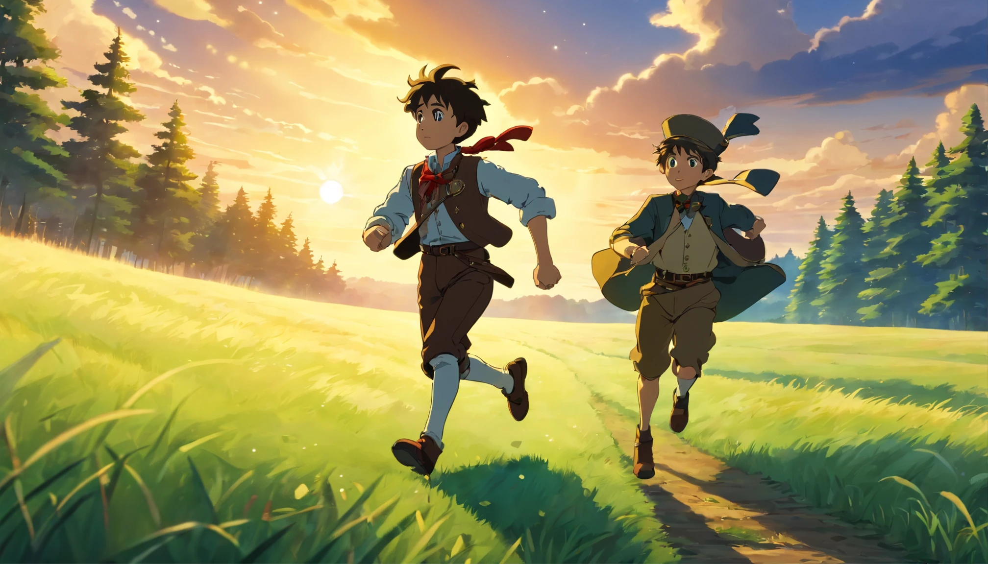 side view  of a steampunk boy running on a beautiful grass field, with forest in background, dusk sky lighting, god rays, 4k anime screengrab, side angle