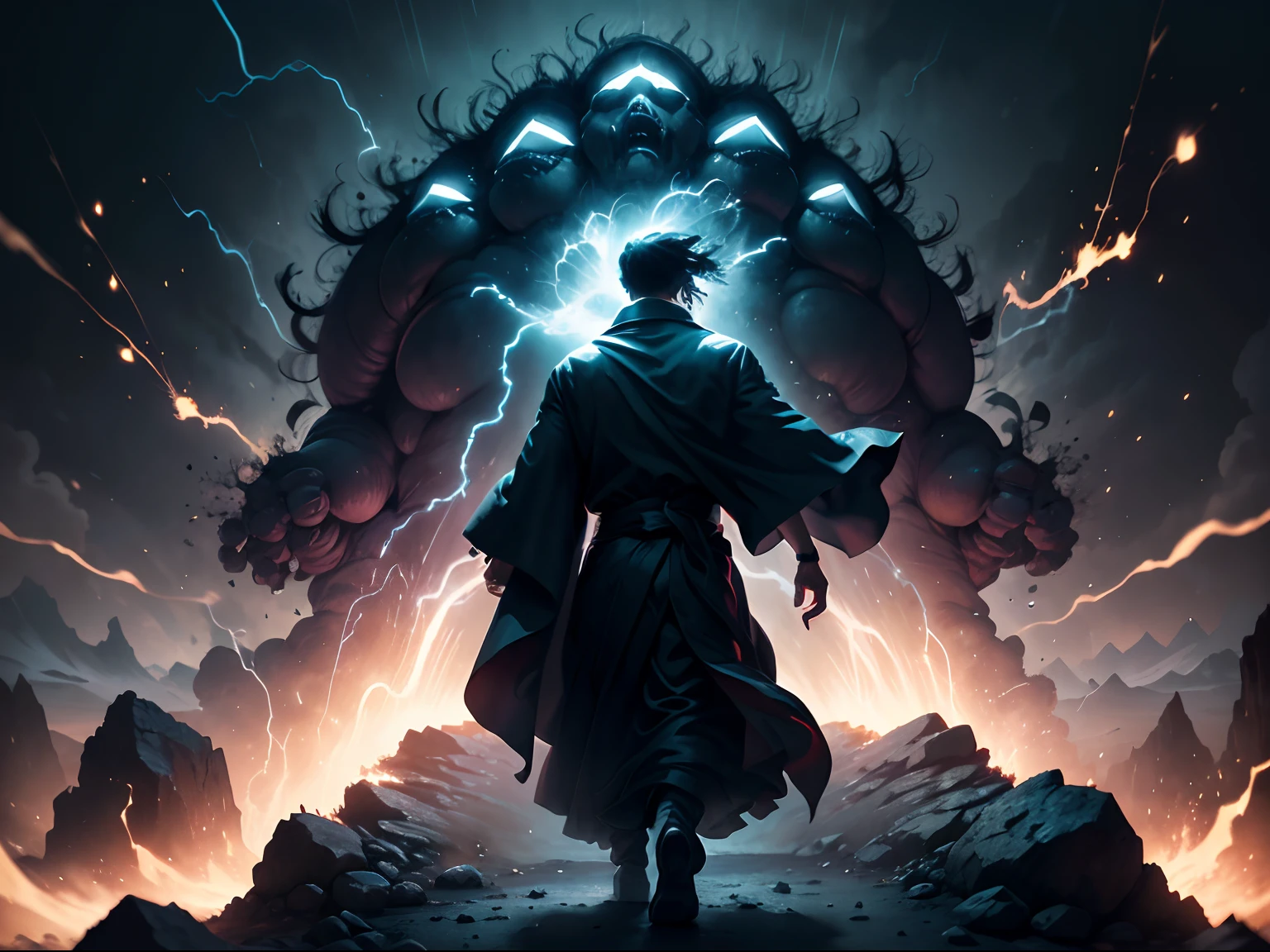 toji fushiguro, walking backwards, epic blast, detailed figure, dark atmosphere, high contrast, vibrant colors, dynamic composition, mystical background, surreal style, dramatic lighting, swirling energy, magical sparks, intense emotions, powerful impact, intricate details, masterful brushwork, dynamic poses, captivating expressions, flowing robes, arcane symbols, spellbinding effects