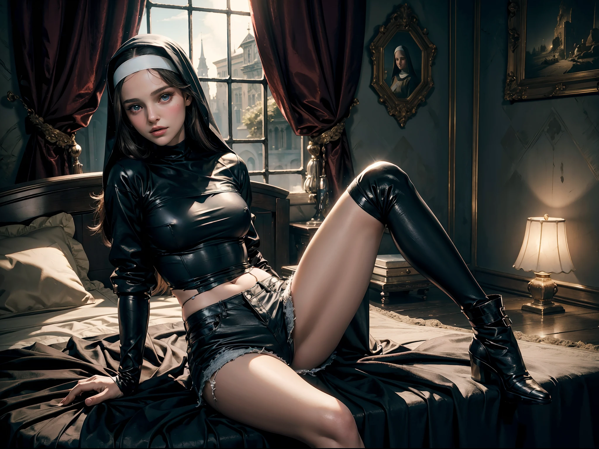 teen Natalie Portman as a nun girl. gentle smile. (sitting). (night). (mansion). slender and beautiful. black shorts. (tight torn clothes). the tenderness of her blue eyes speaks of innocence and acceptance. her flesh, vibrant and alive, exposing patches of muscle. ((best quality)), ((masterpiece)), (high-resolution:1.2) ultra detailed, official art, masterpiece, extremely detailed cg unity 8k wallpaper, detailed background