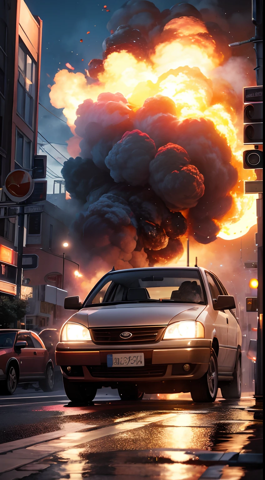a car exploding in a street, explosion, car,explosion artstyle