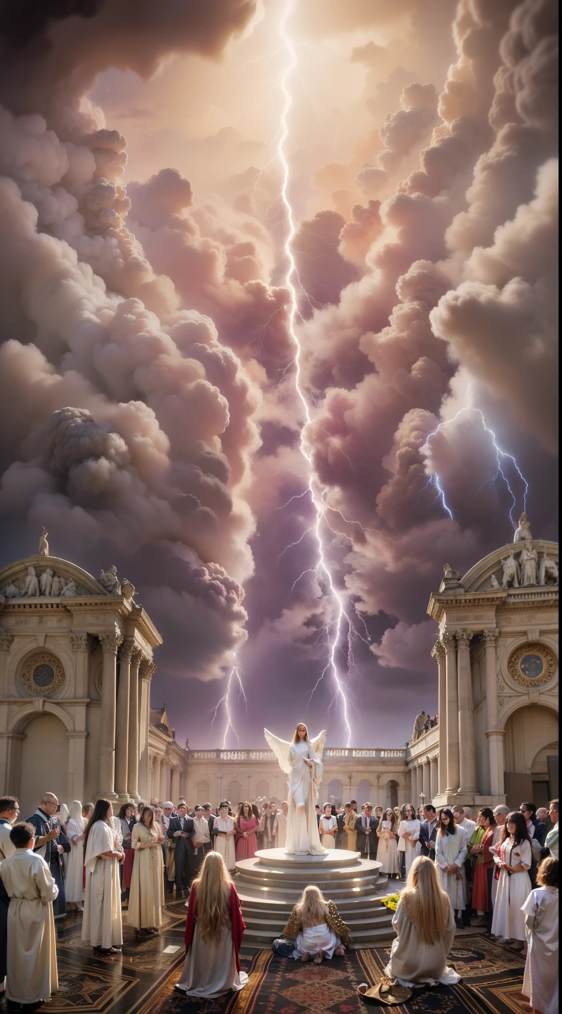 A stunning image depicting the Doomsday scenario, conforme descrito em Apocalipse 20:11. O trono branco onde Jesus se senta se destaca no centro da cena, surrounded by white clouds and lightning, simbolizando a majestade divina. Powerful angels are present, solemnly watching the opening of the books, representing the records of each individual's actions. an untold crowd of people, aguardando seu destino eterno. The mood is one of reverence and awe before the divine justice that will be established.