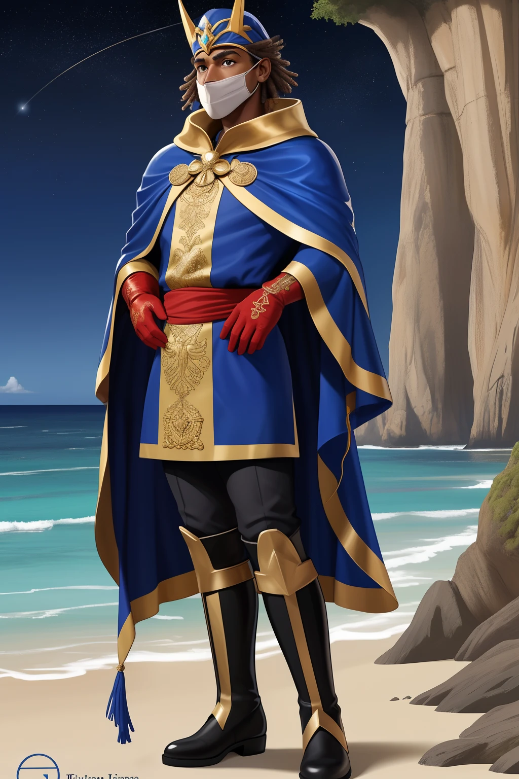 cores vibrantes : The costume is composed of vibrant cores that represent the flag of Cape Verde. The main part of the route is a combination of deep blue, branco puro e vermelho intenso, lembrando as faixas da bandeira. These nuclei intertwined harmoniously along the way. Iconic Cover : Cape Verde captain wears a long, Flowing Cape reminiscent of the vastness of the ocean that surrounds the Cape Verde Islands. The cover is predominantly blue, com detalhes brancos que lembram as ondas do mar. Emblema de 10 Estrelas : no peito do traje, encontra-se um emblema com 10 estrelas separadas, representando as 10 principais ilhas de Cabo Verde. Each star is unique and sparkling, as if they were constellations on a starry night. tribal mask : Cape Verdean captain wears face mask that incorporates tribal elements of Cape Verdean culture. The mask is carved with traditional motifs reminiscent of the indigenous art of the islands. Botas altas e luvas : Their boots are tall and made of sturdy leather, while his gloves are red, adding a touch of audacity to the costume. Cinto com um pingente de Mapa : O personagem usa um cinto largo adornado com um pingente de ouro que representa um mapa das ilhas de Cabo Verde. This symbolizes their deep connection to the country's geography.
