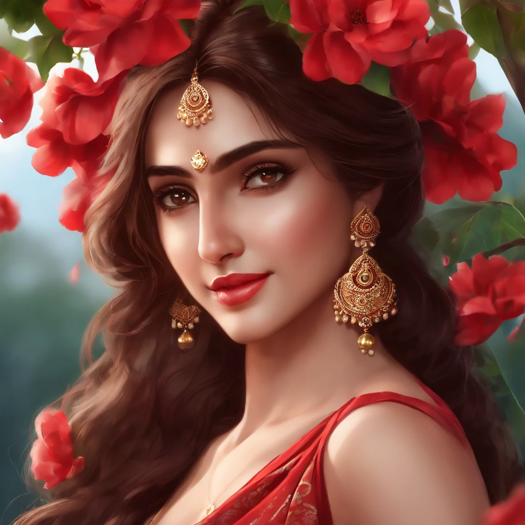 (masterpiece),(best quality:1.0), (ultra highres:1.0), detailed illustration, 8k, anime, 1girl, beautiful pakistani girl, in a sari, wearing a red sari, pretty pose, pretty face, detailed face, beautiful eyes, dark red eyes, detailed eyes, red lips, red lipstick, slightly brown hair, wear big black ful size bra, pink flower on ear, highlights in hair, standing, red flowers on a tree in the back, open sky with clouds, detailed, intricate, anime style, highly detailed
