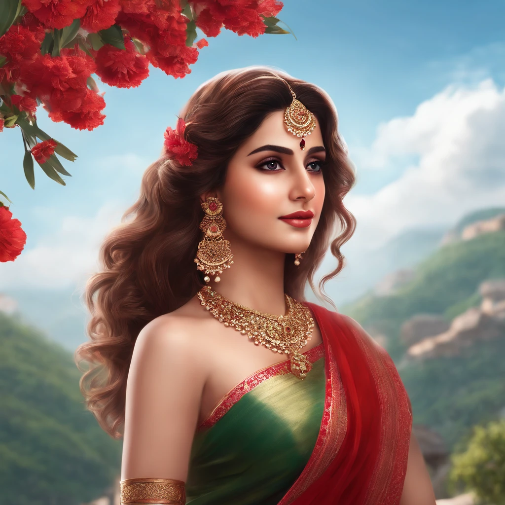(masterpiece),(best quality:1.0), (ultra highres:1.0), detailed illustration, 8k, anime, 1girl, beautiful pakistani girl, in a sari, wearing a red sari, pretty pose, pretty face, detailed face, beautiful eyes, dark red eyes, detailed eyes, red lips, red lipstick, slightly brown hair, wear big black ful size bra, pink flower on ear, highlights in hair, standing, red flowers on a tree in the back, open sky with clouds, detailed, intricate, anime style, highly detailed