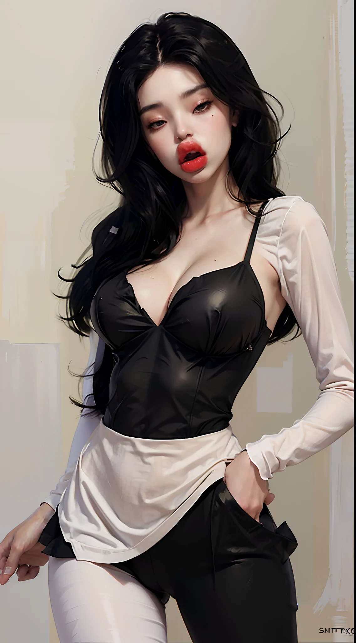 best quality,masterpiece,extremely detailed,high res,4k,ultra high res,detailed shadow, ultra realistic,realistic,dramatic lighting,1girl,solo,detailed face,realistic eyes,realistic skin,white dress, ,dynamic pose, Old woman, mature, golden skin tone, light brown hair, curly hair, high cheekbones, big lips, bimbo lips, tall, curvaceous, small waist, big hips, hip dips, large breasts, long legs, black pants, dress pants, leopard print top, top with cleavage, pov, kiss, pout