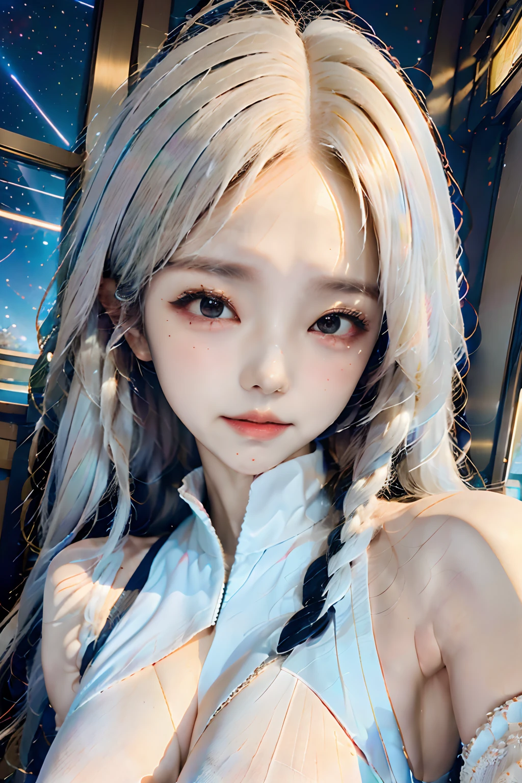Anime girl with ugly white hair and stars in her hair, white haired god, anime girl with cosmic hair, Star(skyporn) starrysky_skyporn, Anime visuals of cute girls, splash art anime , white glowing aura, Girl with white hair, ethereal anime, akasuki voidstar, celestial aura, nightcore, anime moe art style