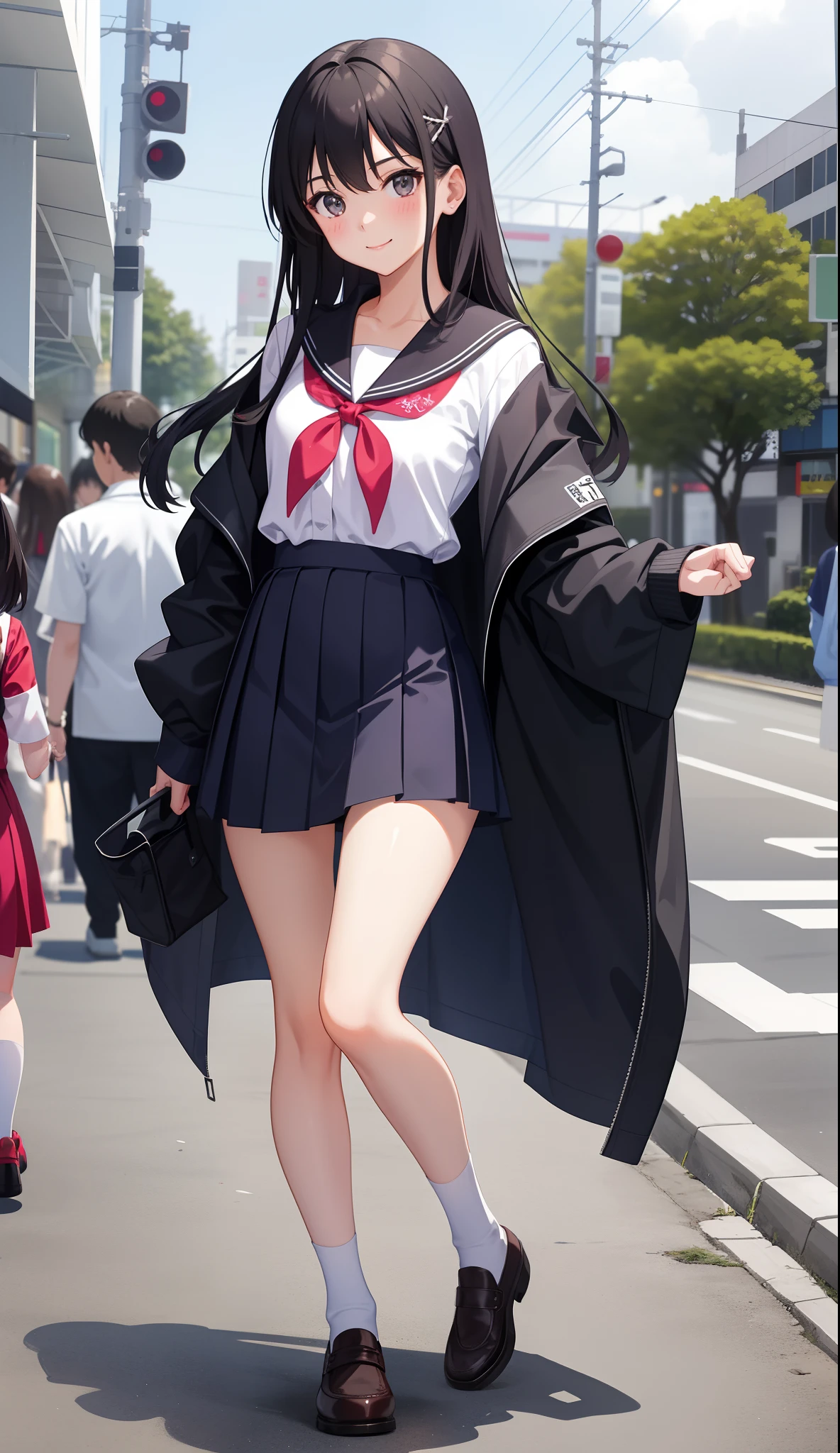 1girl in、AS-Adult、A smile、The shirt、skirt by the、（small tits）Japan High School、校服、serafuku、Walking with a thigh、Upper body portrait、
