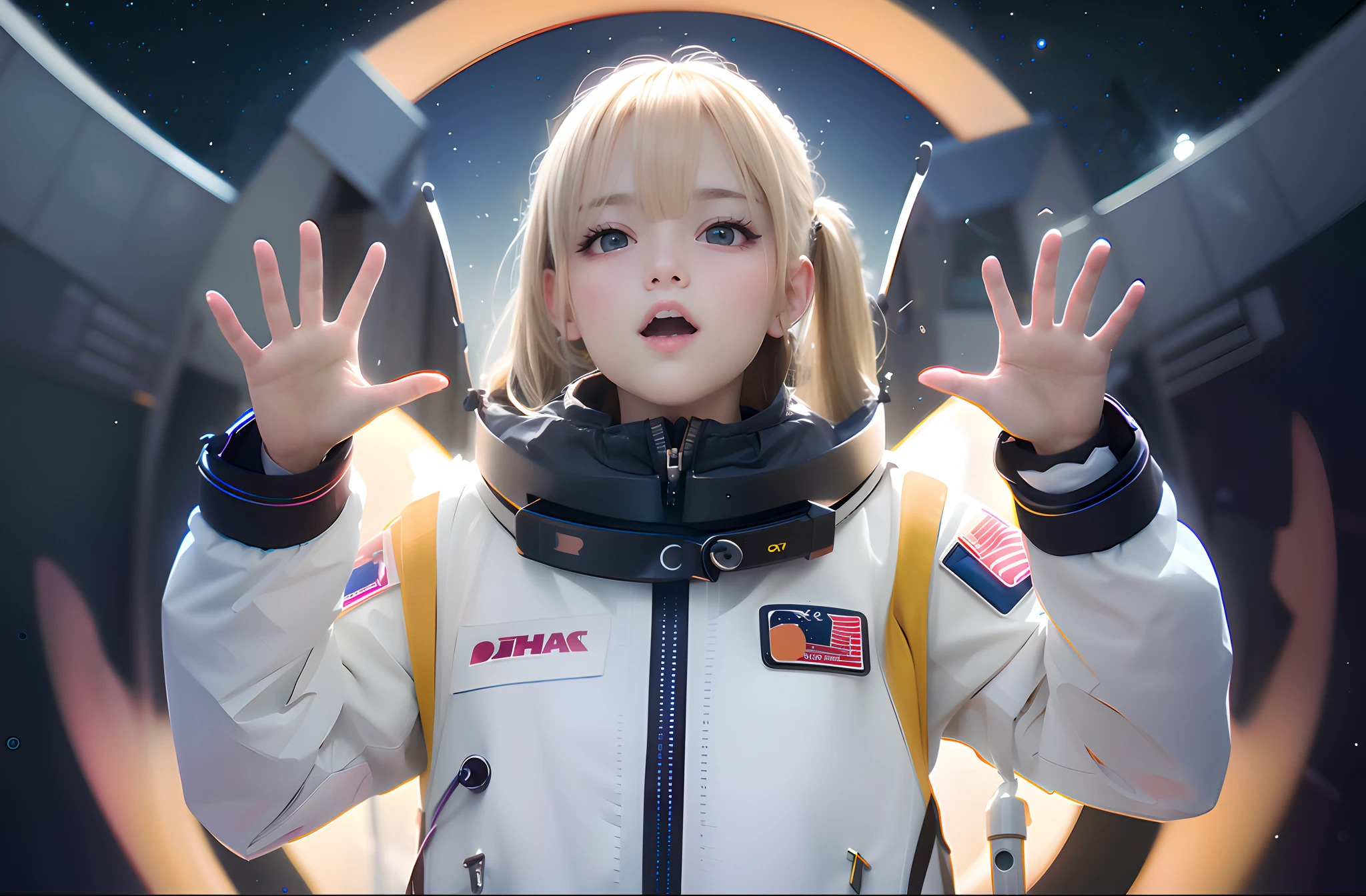 The Japan Gal,Blonde Wave Side Tail,Fishing eyes,a beauty girl,space suits,Without helmet,Ultra-fine