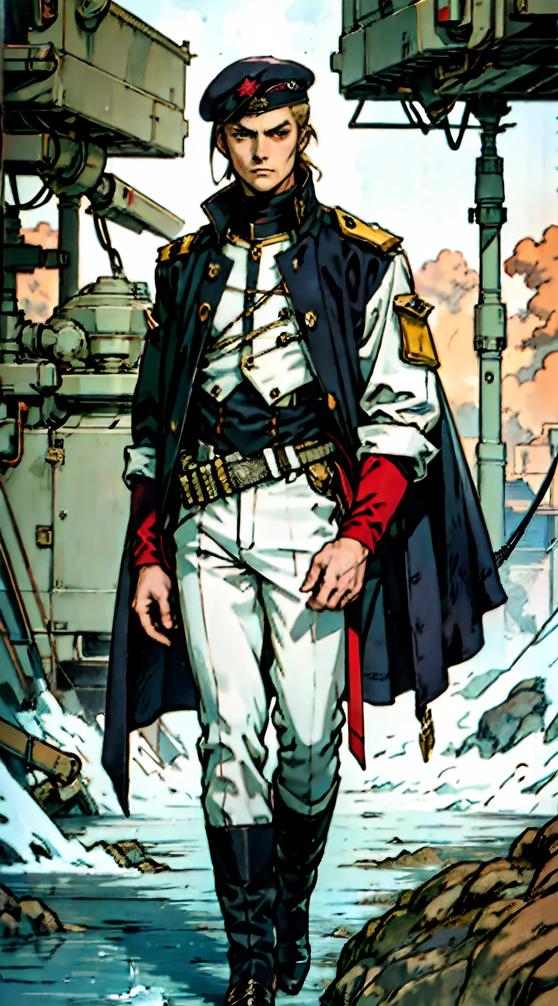 1 man, a man with black short hair, a beret on his head, icy and resolute eyes, a refined face, no expression, wears a two-piece futuristic military-style outfit, tall and slender, wears a light-colored Chinese-style undershirt, a short cape, primarily in shades of green and white, accented by touches of red and yellow, wears dark pants, holds a futuristic-style long metal rod in his hands, set within the futuristic sci-fi atmosphere of a spaceship, this character embodies a finely crafted a futuristic sci-fi military officer in anime style, characterized by an exquisite and mature manga illustration art style, high definition, best quality, highres, ultra-detailed, ultra-fine painting, extremely delicate, professional, anatomically correct, symmetrical face, extremely detailed eyes and face, high quality eyes, creativity, RAW photo, UHD, 8k, Natural light, cinematic lighting, masterpiece:1.5