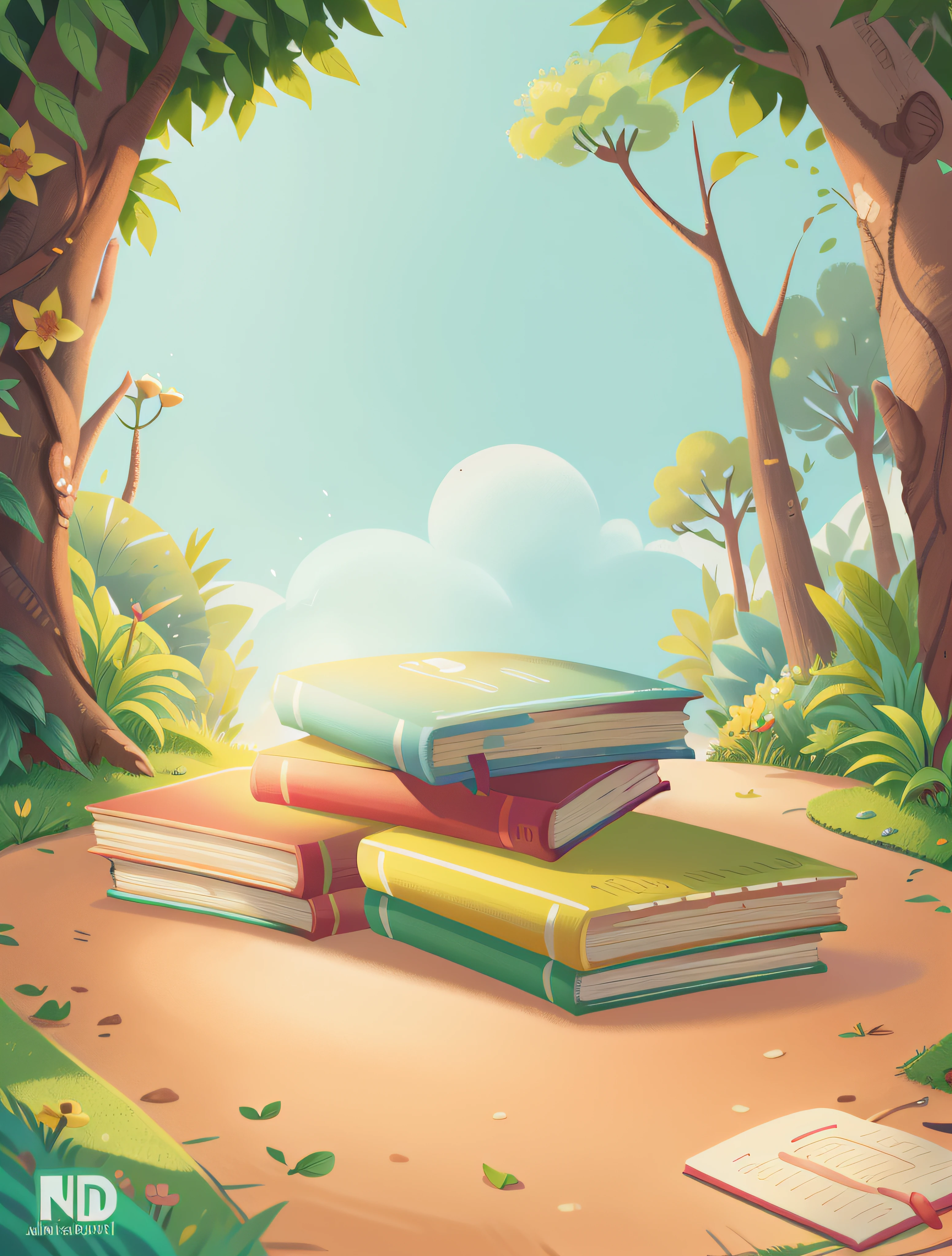 uma pilha de livros em um fundo de jardim, ambiente infantil, estilo desenho animado, em alta qualidade, Ultra Hd, K4K
