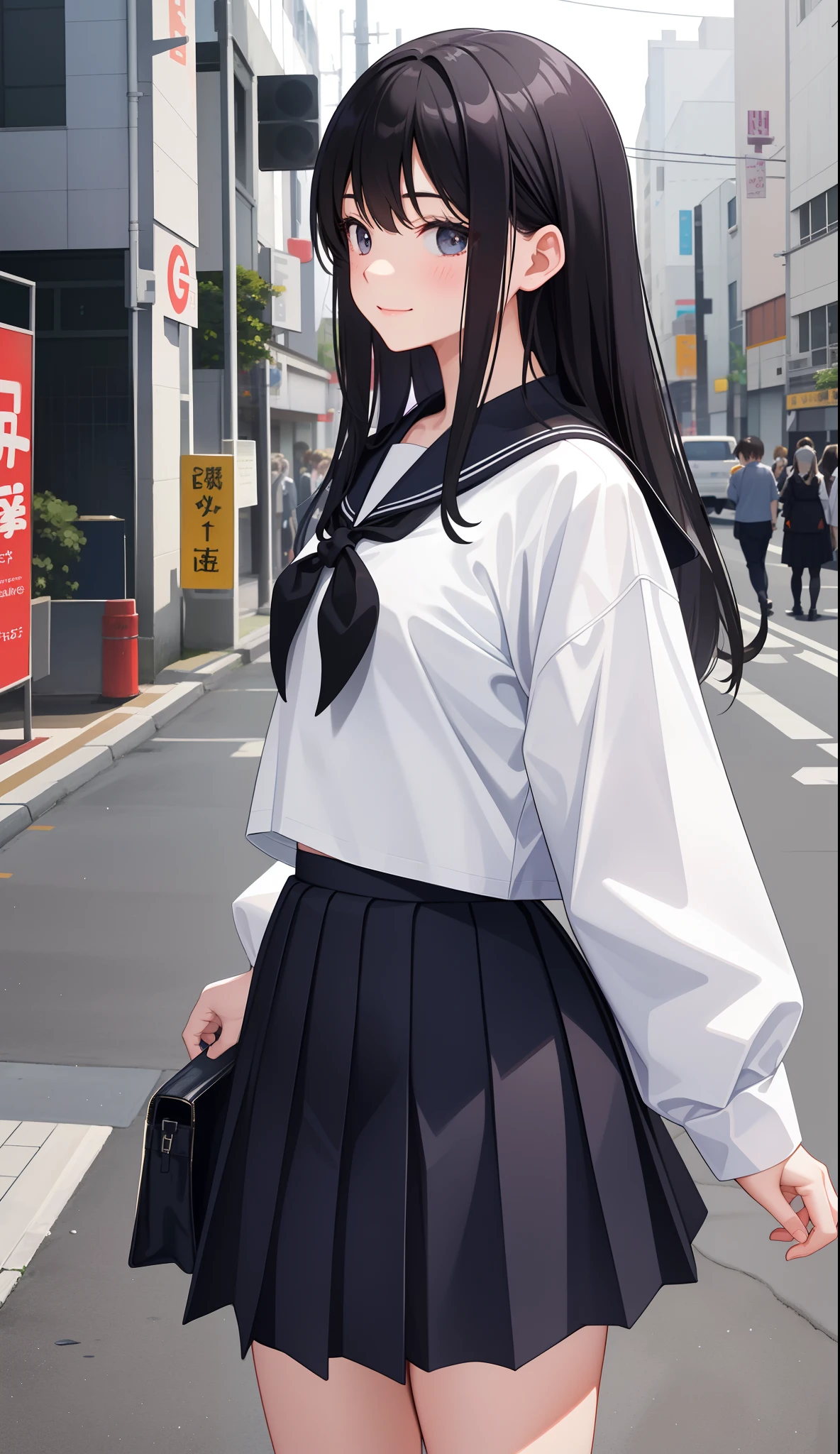 1girl in、AS-Adult、A smile、The shirt、skirt by the、（small tits）Japan High School、校服、serafuku、Walking with a thigh、Upper body portrait、