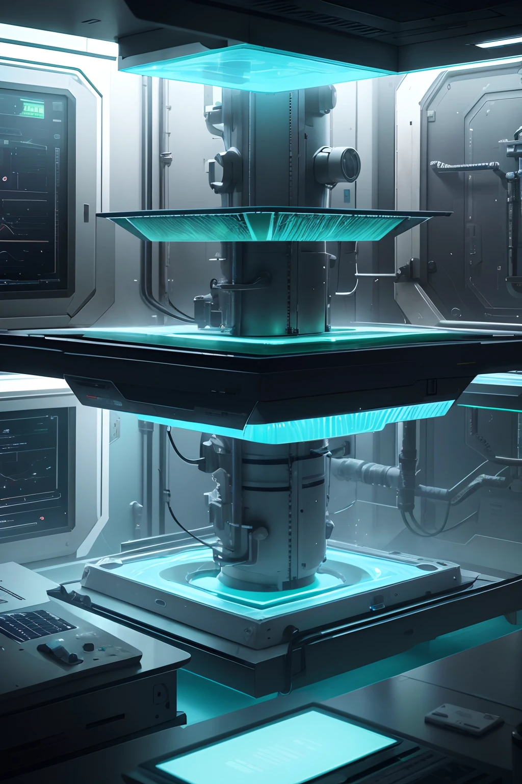 Make a tubular particle generator, extremamente detalhado, table in a room with a large machine woman, medical imaging, medical machinery, digital medical equipment. Ultra Detalhado, modern and technologically advanced. cores vibrantes, Green Rays and a Futuristic Time Machine. Habitat mutante cercado por uma barreira transparente, fantasy imagination. Table in a room with a large machine, medical imaging, medical machinery, digital medical equipment.