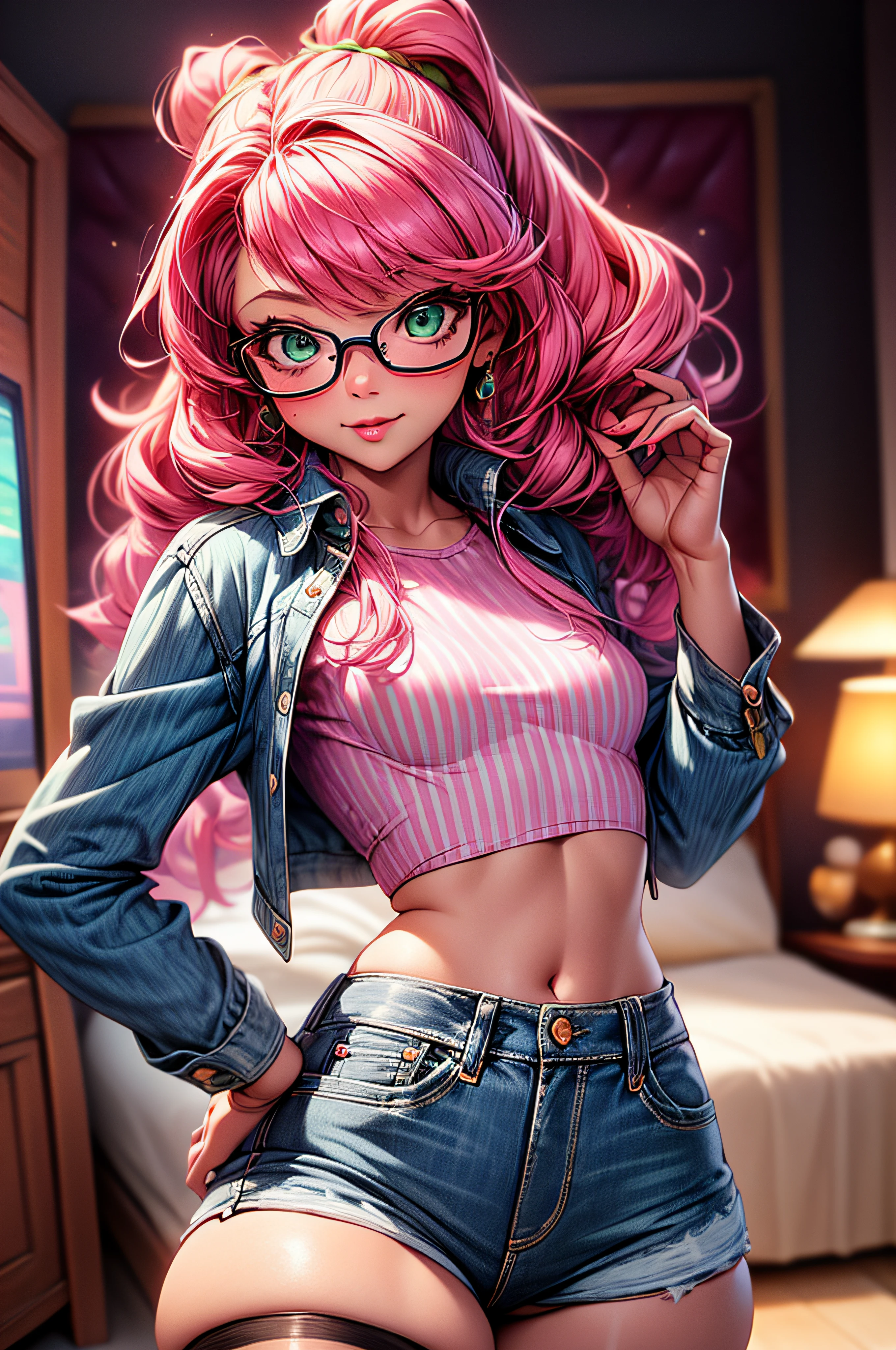 dreamlike, high angle shot, Best quality, Beautiful detailed, 1girl, small breasts, small hips, green eyes, pink hair, crop top, denim shorts, bedroom, striped thighhighs,pervert, petite, glasses,