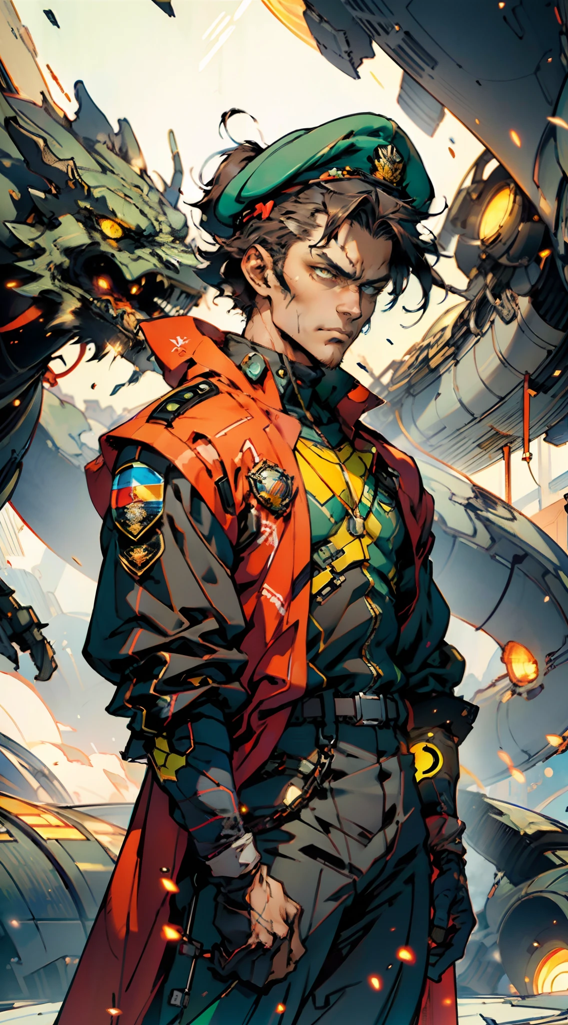 1 man, a man with black short hair, a beret on his head, icy and resolute eyes, a refined face, no expression, wears a two-piece futuristic military-style outfit, tall and slender, wears a light-colored Chinese-style undershirt, a short cape, primarily in shades of green and white, accented by touches of red and yellow, wears dark pants, holds a futuristic-style long metal rod in his hands, set within the futuristic sci-fi atmosphere of a spaceship, this character embodies a finely crafted a futuristic sci-fi military officer in anime style, characterized by an exquisite and mature manga illustration art style, high definition, best quality, highres, ultra-detailed, ultra-fine painting, extremely delicate, professional, anatomically correct, symmetrical face, extremely detailed eyes and face, high quality eyes, creativity, RAW photo, UHD, 8k, Natural light, cinematic lighting, masterpiece:1.5