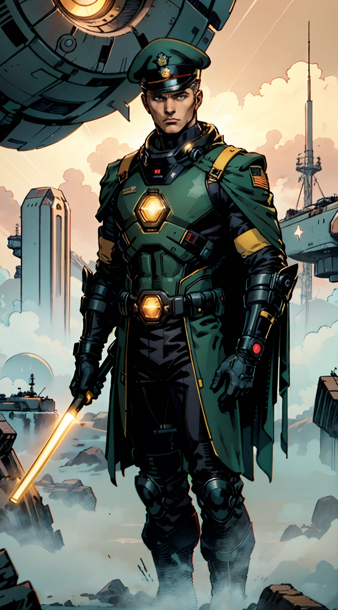 1 man, a man with black short hair, a beret on his head, icy and resolute eyes, a refined face, no expression, wears a two-piece futuristic military-style outfit, tall and slender, wears a light-colored Chinese-style undershirt, a short cape, primarily in shades of green and white, accented by touches of red and yellow, wears dark pants, holds a futuristic-style long metal rod in his hands, set within the futuristic sci-fi atmosphere of a spaceship, this character embodies a finely crafted a futuristic sci-fi military officer in anime style, characterized by an exquisite and mature manga illustration art style, high definition, best quality, highres, ultra-detailed, ultra-fine painting, extremely delicate, professional, anatomically correct, symmetrical face, extremely detailed eyes and face, high quality eyes, creativity, RAW photo, UHD, 8k, Natural light, cinematic lighting, masterpiece:1.5