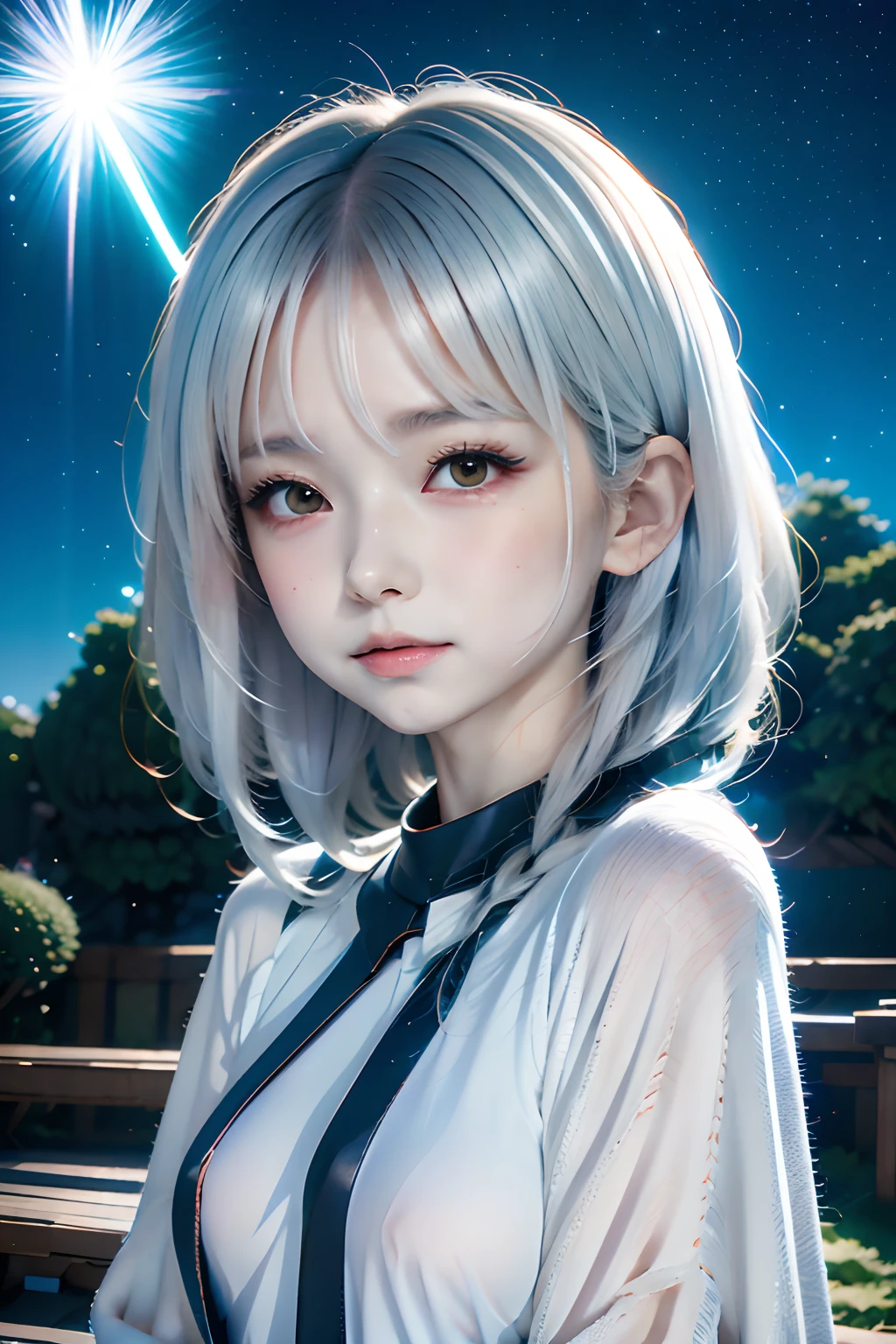 Anime girl with ugly white hair and stars in her hair, white haired god, anime girl with cosmic hair, Star(skyporn) starrysky_skyporn, Anime visuals of cute girls, splash art anime , white glowing aura, Girl with white hair, ethereal anime, akasuki voidstar, celestial aura, nightcore, anime moe art style