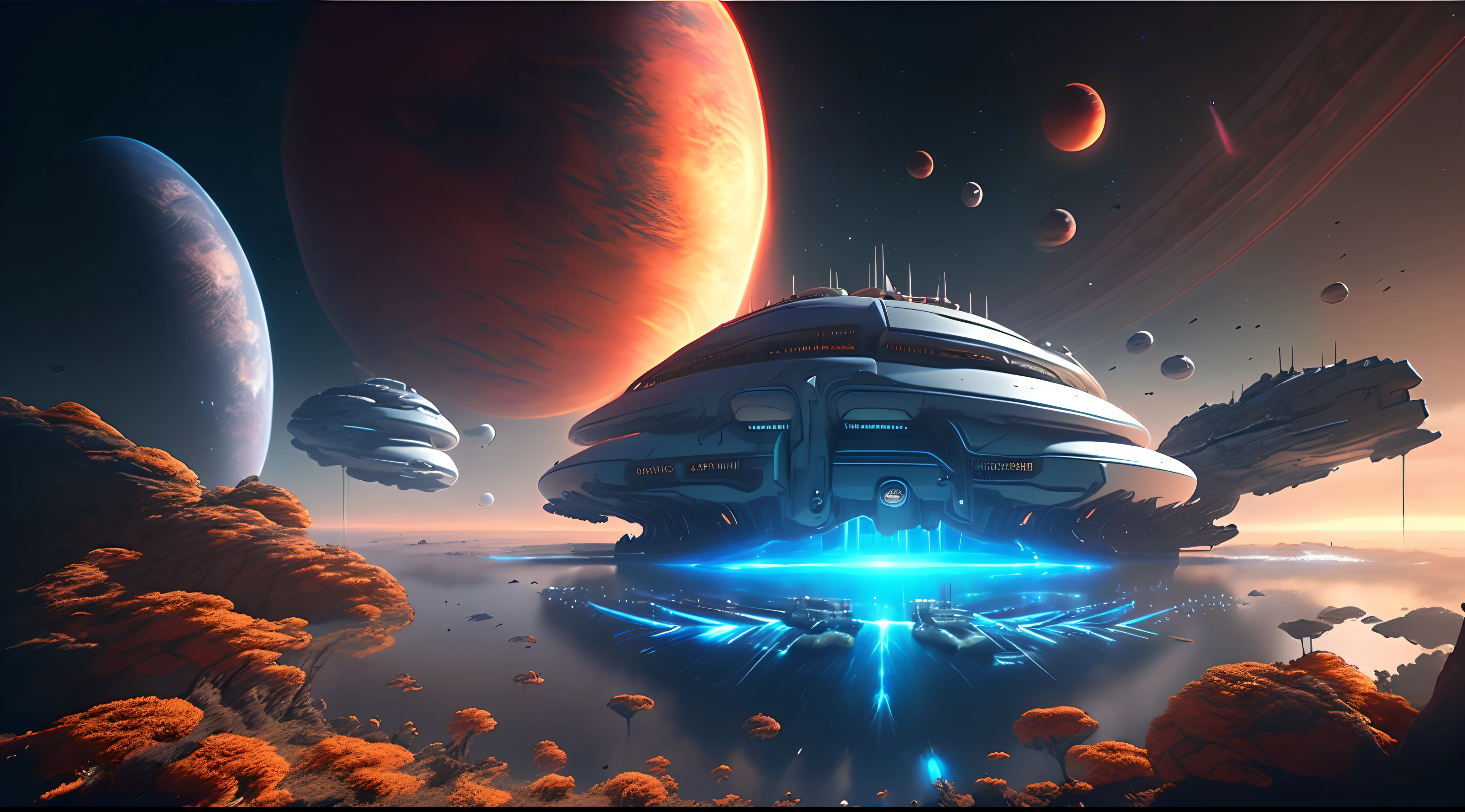 Beautiful woman, planet surface, deep space battle backround, 16k, Highly detailed, blaue orange Beleuchtung,