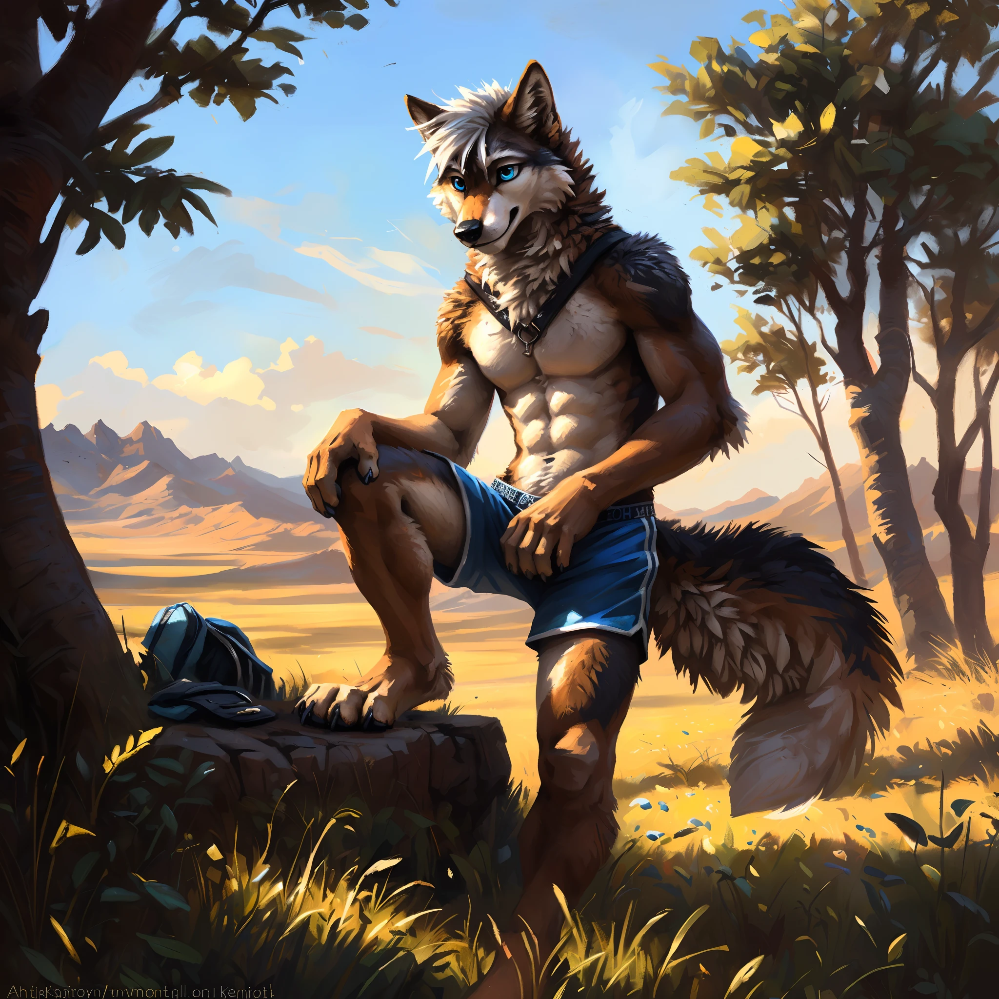 ((Solo)), male people, anthro wolf, (Multi-colored fur, White-brown:1.3), ((Wolf face, White hair, Big eyes, White eyelids, Blue pupil, Slim:1.2) (Tough, Calm expression:1.2)), Abs, Slim, pinging)), (Correct anatomy), (Work shorts:1.1), (Contour bone:1.2), The upper body is naked, (detailed outfits),A big tail,Feet,(Realistic fur, Detailed fur texture, labeled:1.3)), (Natural lighting), Photorealistic, Hyperrealistic, ultradetailed, by Kenket,Endless grasslands,No artificiality,erect through