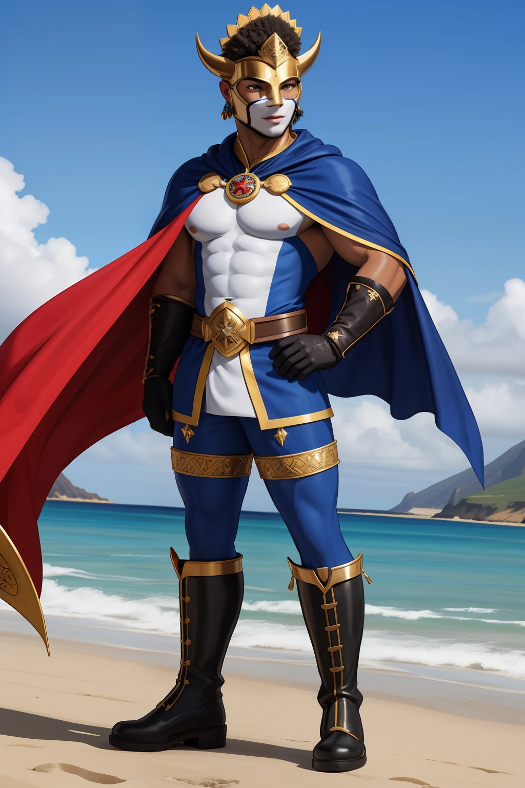 Costume Description : Captain Cape Verde wears an outrageous costume that is a true expression of his pride in the island nation of Cape Verde. His costume is an impressive combination of traditional and modern elements, todos projetados para honrar a cultura e a beleza do,Cores Vibrantes : The costume is composed of vibrant cores that represent the flag of Cape Verde. The main part of the route is a combination of deep blue, branco puro e vermelho intenso, lembrando as faixas da bandeira. These nuclei intertwined harmoniously throughout the course,Iconic Cover : Captain Cape Verde wears a long, flowing cape reminiscent of the vastness of the ocean that surrounds the Cape Verde Islands. The cover is predominantly blue, com detalhes brancos que lembram as ondas do mar,Emblema de 10 Estrelas : No peito do traje, encontra-se um emblema com 10 estrelas estendidas, representando as 10 principais ilhas de Cabo Verde. Each star is unique and sparkling, as if they were constellations on a starry night,tribal mask : Captain Cape Verde wears a face mask that incorporates tribal elements of Cape Verdean culture. The mask is carved with traditional motifs reminiscent of the indigenous art of the islands.Botas altas e luvas : Their boots are tall and made of sturdy leather, while his gloves are red, adding a touch of audacity to the costume,Cinto com um pingente de Mapa : O personagem usa um cinto largo adornado com um pingente de ouro que representa um mapa das ilhas de Cabo Verde. This symbolizes its deep connection with the geography of the country