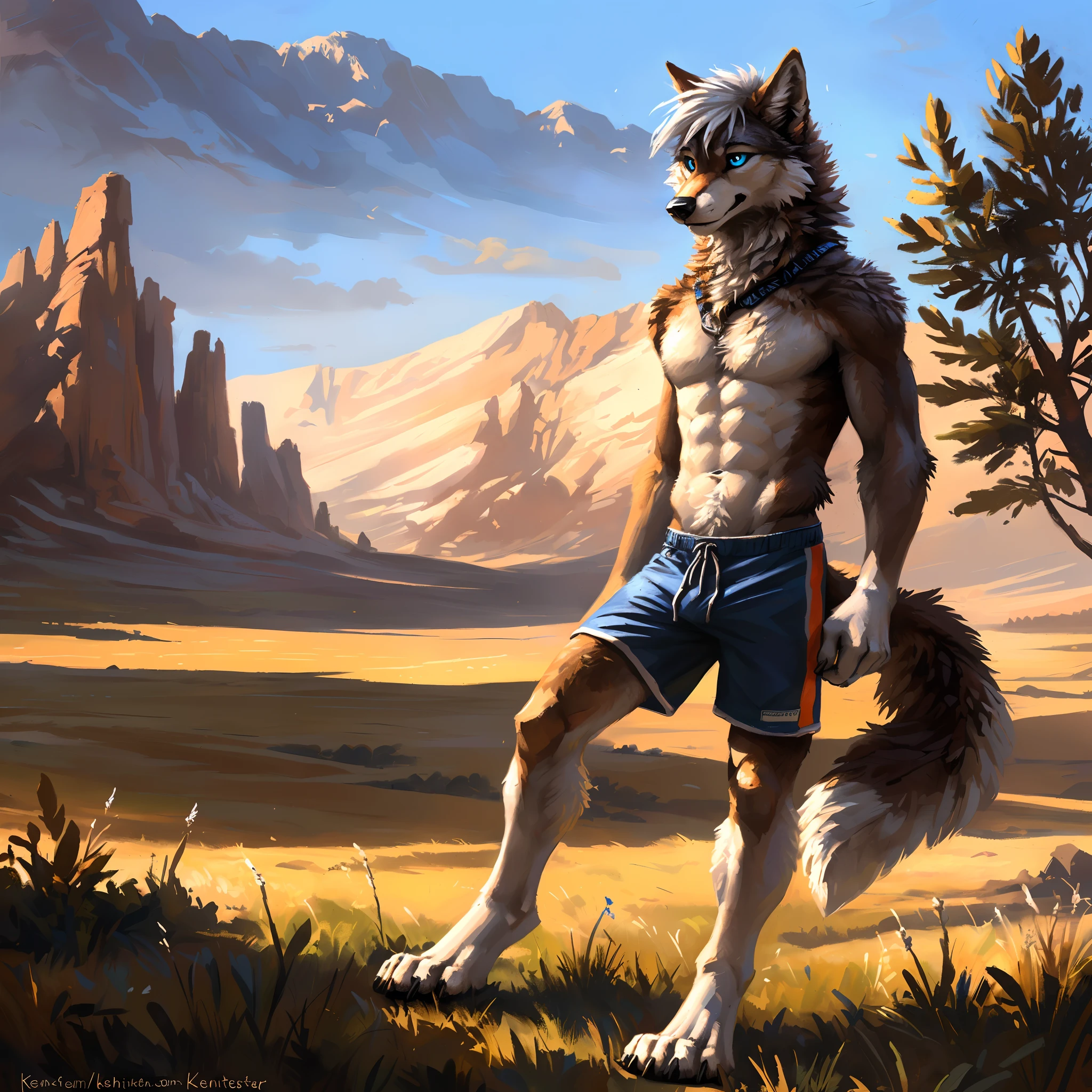 ((Solo)), male people, anthro wolf, (Multi-colored fur, White-brown:1.3), ((Wolf face, White hair, Big eyes, White eyelids, Blue pupil, Slim:1.2) (Tough, Calm expression:1.2)), Abs, Slim, pinging)), (Correct anatomy), (Work shorts:1.1), (Contour bone:1.2), The upper body is naked, (detailed outfits),A big tail,Feet,(Realistic fur, Detailed fur texture, labeled:1.3)), (Natural lighting), Photorealistic, Hyperrealistic, ultradetailed, by Kenket,Endless grasslands,No artificiality,erect through