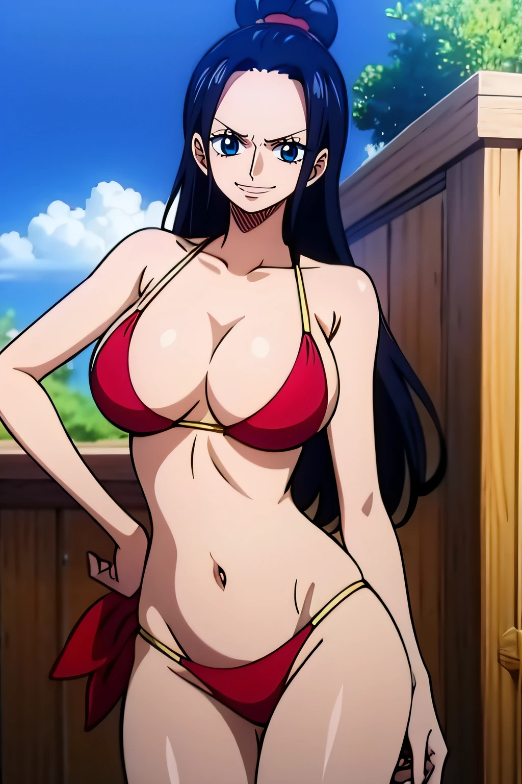 Robin de One Piece, pose sexy, Y si , Elly, 8k, anime, ribera, teta grande, grande, ojos azules, senos, bikini