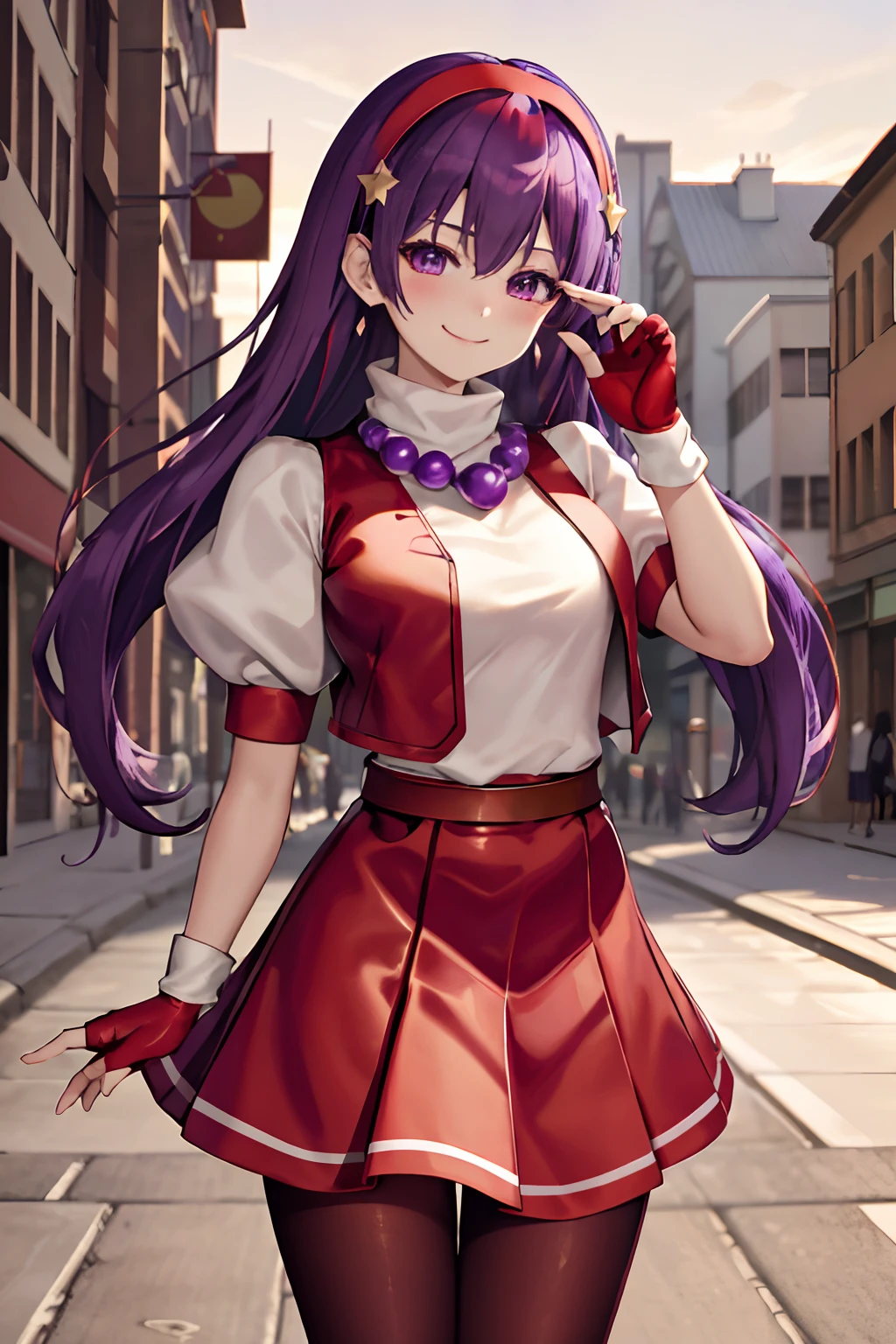 (masterpiece), (best quality), (ultra-detailed), intricate detail, athena97, 1girl, solo, purple eyes, purple hair, long hair, white earrings, red hairband, star hair ornament, medium breats, red vest, white turtleneck, white puffy sleeves, short sleeves, red pleated skirt, (deep red pantyhose:1.2), black pantyhose, yellow belt, purple sphere shape necklace, red fingerless gloves, white short socks, red shoes,   (outdoors), photography, smile, blush, sunny, nsfw, cowboy shot, blurry background, street background,