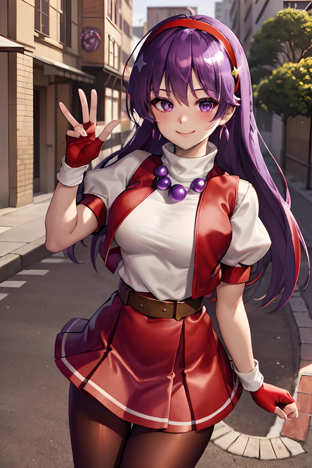 (masterpiece), (best quality), (ultra-detailed), intricate detail, athena97, 1girl, solo, purple eyes, purple hair, long hair, white earrings, red hairband, star hair ornament, medium breats, red vest, white turtleneck, white puffy sleeves, short sleeves, red pleated skirt, (deep red pantyhose:1.2), black pantyhose, yellow belt, purple sphere shape necklace, red fingerless gloves, white short socks, red shoes,   (outdoors), photography, smile, blush, sunny, nsfw, cowboy shot, blurry background, street background,