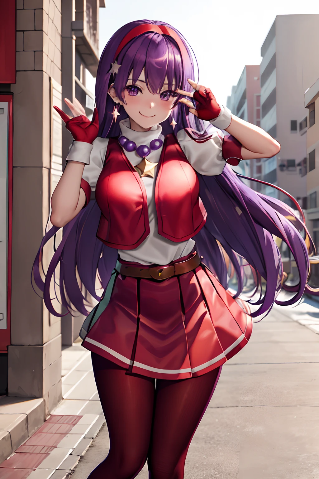 (masterpiece), (best quality), (ultra-detailed), intricate detail, athena97, 1girl, solo, purple eyes, purple hair, long hair, white earrings, red hairband, star hair ornament, medium breats, red vest, white turtleneck, white puffy sleeves, short sleeves, red pleated skirt, (deep red pantyhose:1.2), black pantyhose, yellow belt, purple sphere shape necklace, red fingerless gloves, white short socks, red shoes,   (outdoors), photography, smile, blush, sunny, nsfw, cowboy shot, blurry background, street background,