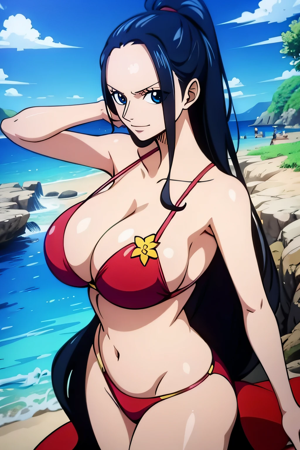 Robin de One Piece, pose sexy, Y si , Elly, 8k, anime, ribera, teta grande, grande, ojos azules, senos, bikini